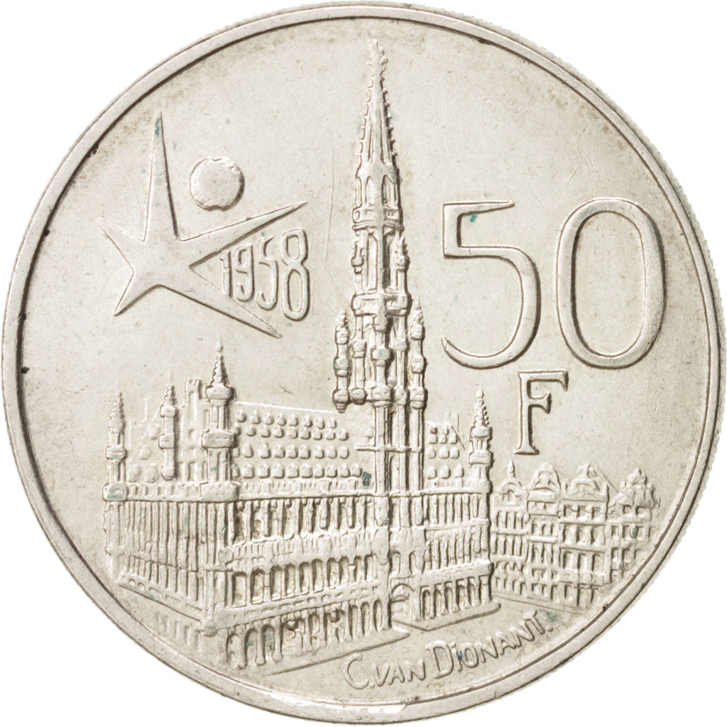 Belgium, 50 Francs, 1958, KM:150.1, AU(55-58), Silver, 30