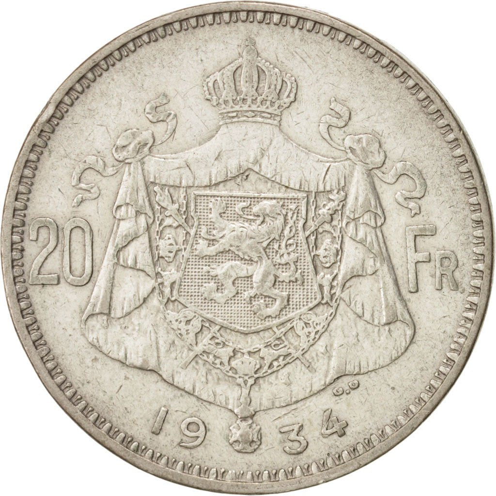 Belgium, 20 Francs, 20 Frank, 1934, KM:103.1, EF(40-45), Silver