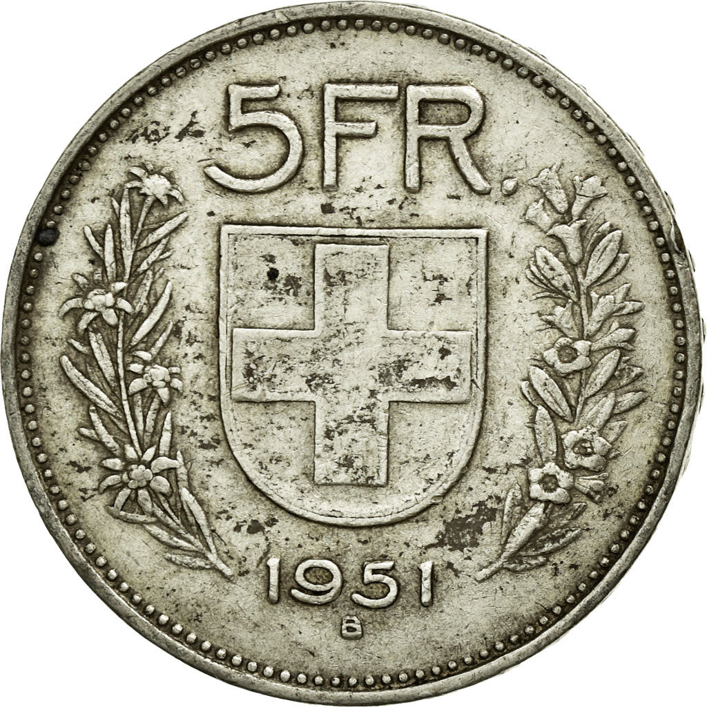 Coin, Switzerland, 5 Francs, 1951, Bern, EF(40-45), Silver, KM:40