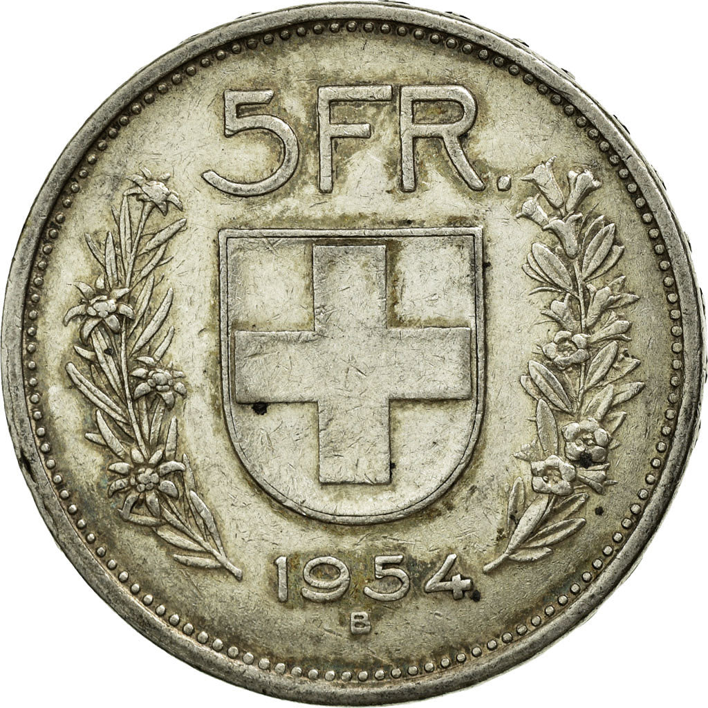 Coin, Switzerland, 5 Francs, 1954, Bern, EF(40-45), Silver, KM:40