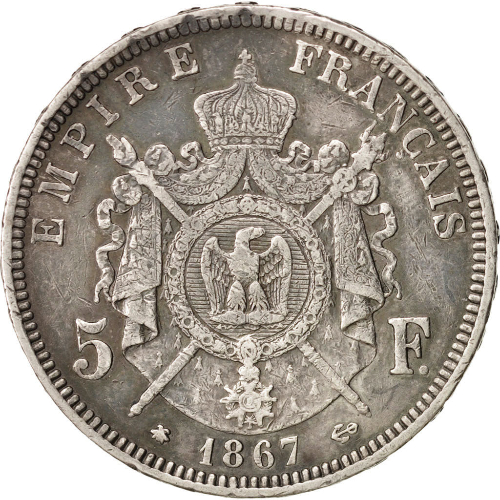 FRANCE, Napoléon III, 5 Francs, 1867, Paris, KM:799.1, VF(30-35), Silver