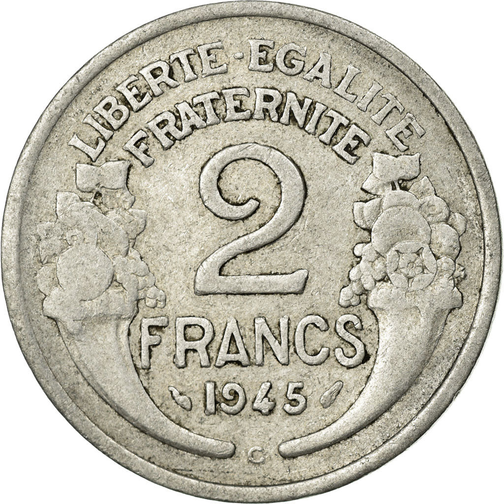 Moneda, Francia, Morlon, 2 Francs, 1945, Castelsarrasin, BC+, Aluminio