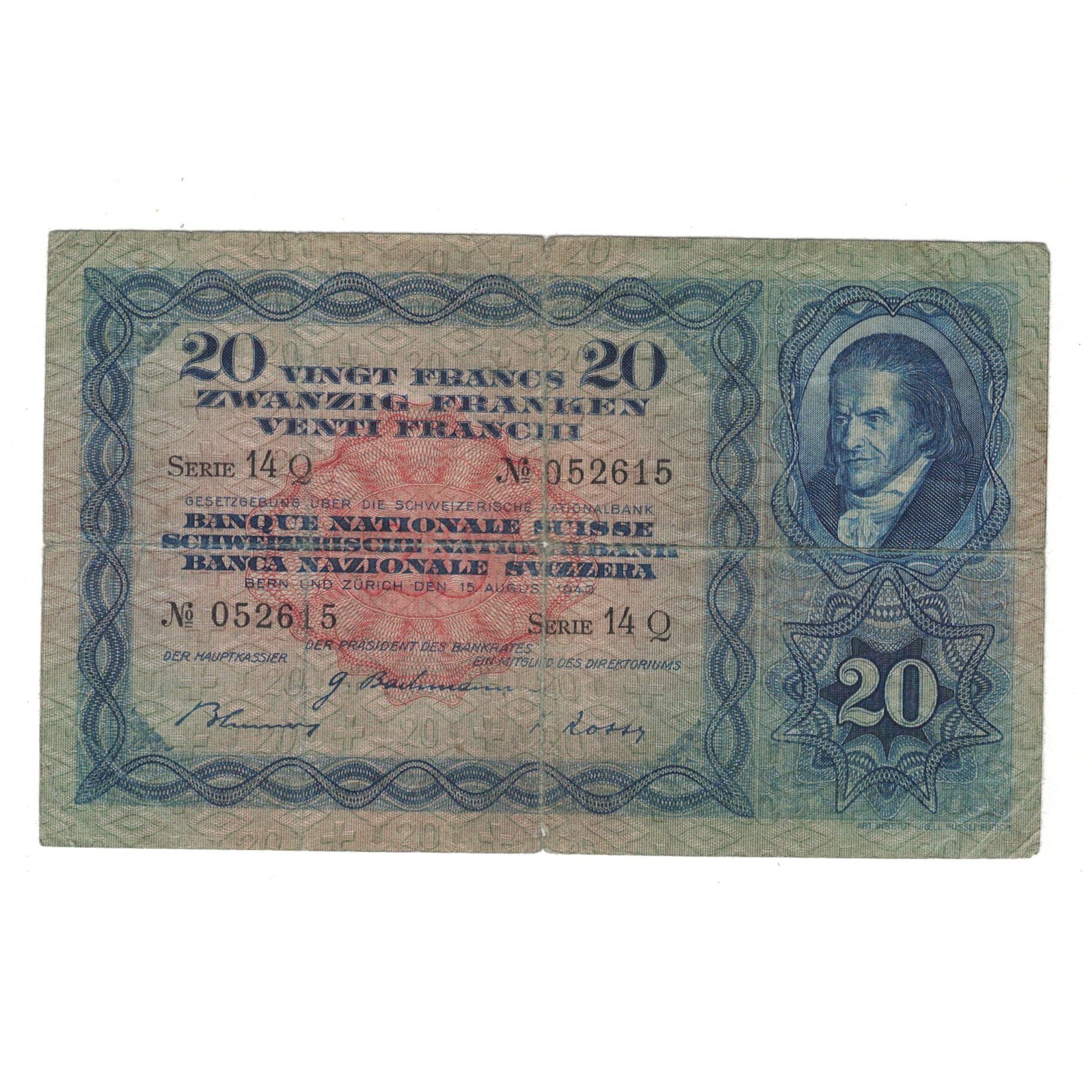 Billet, Suisse, 20 Franken, 1940, 15-08-1940, KM:39k, TB+