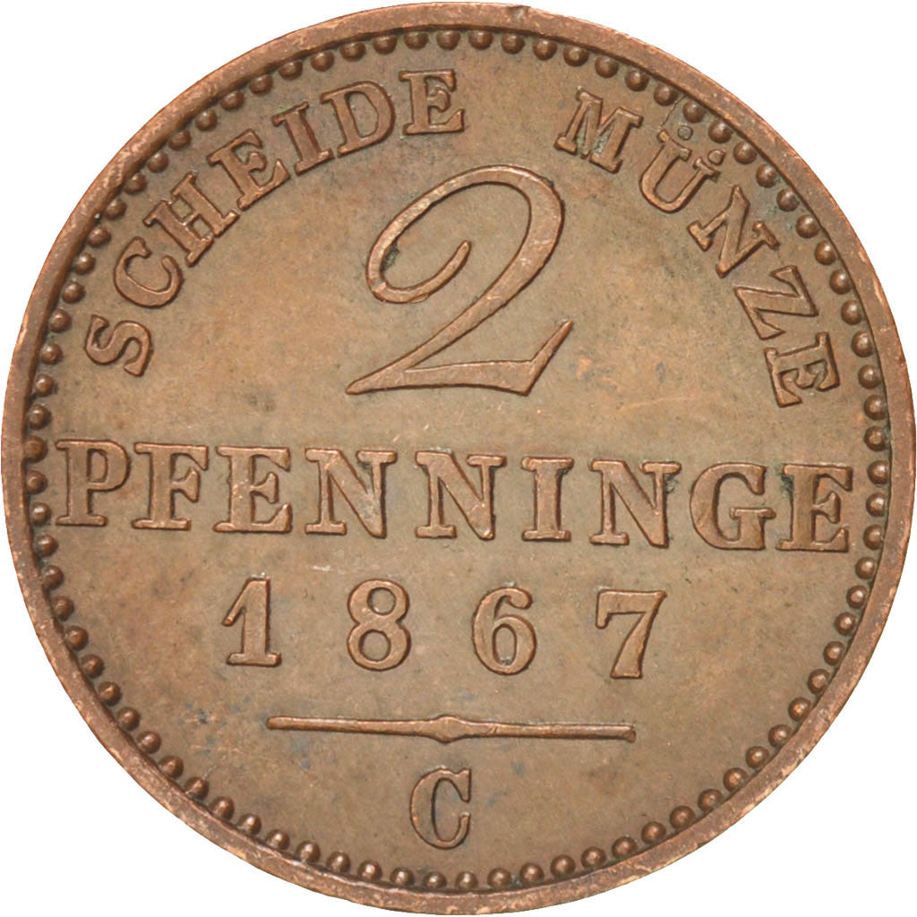 German States, PRUSSIA, 2 Pfennig, 1867 C, KM:481, AU(55-58), Copper, 20