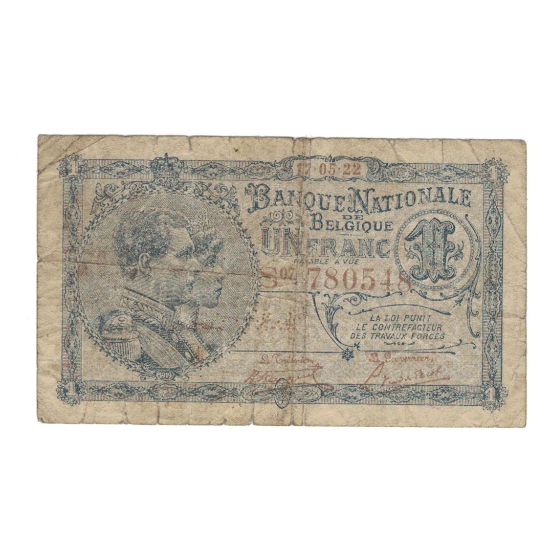 Banknote, Belgium, 1 Franc, 1922, 17-5-1922, KM:92, VG(8-10)