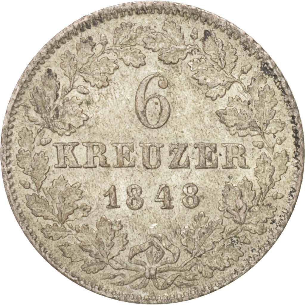 German States, BADEN, 6 Kreuzer, 1848, KM:210, AU(50-53), Silver