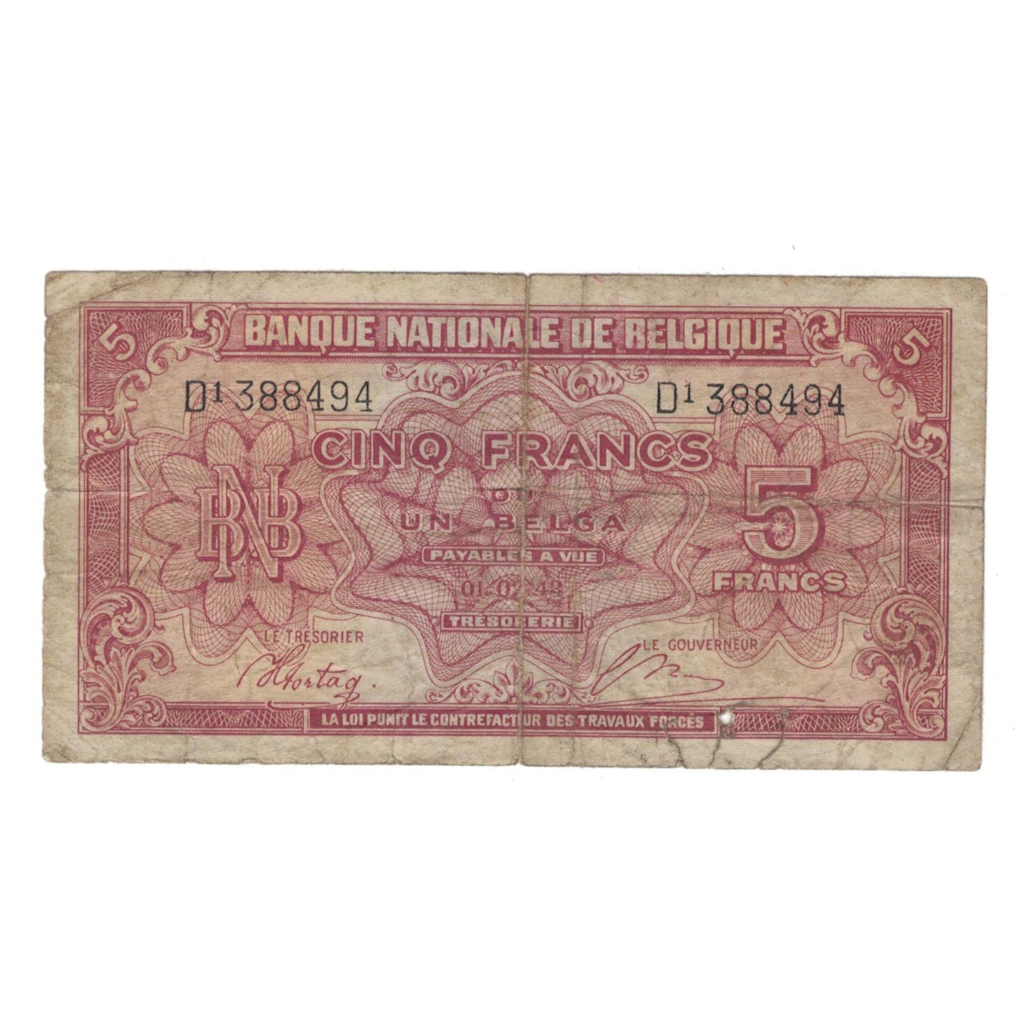 Billet, Belgique, 5 Francs-1 Belga, 1943, 1943-02-01, KM:121, B