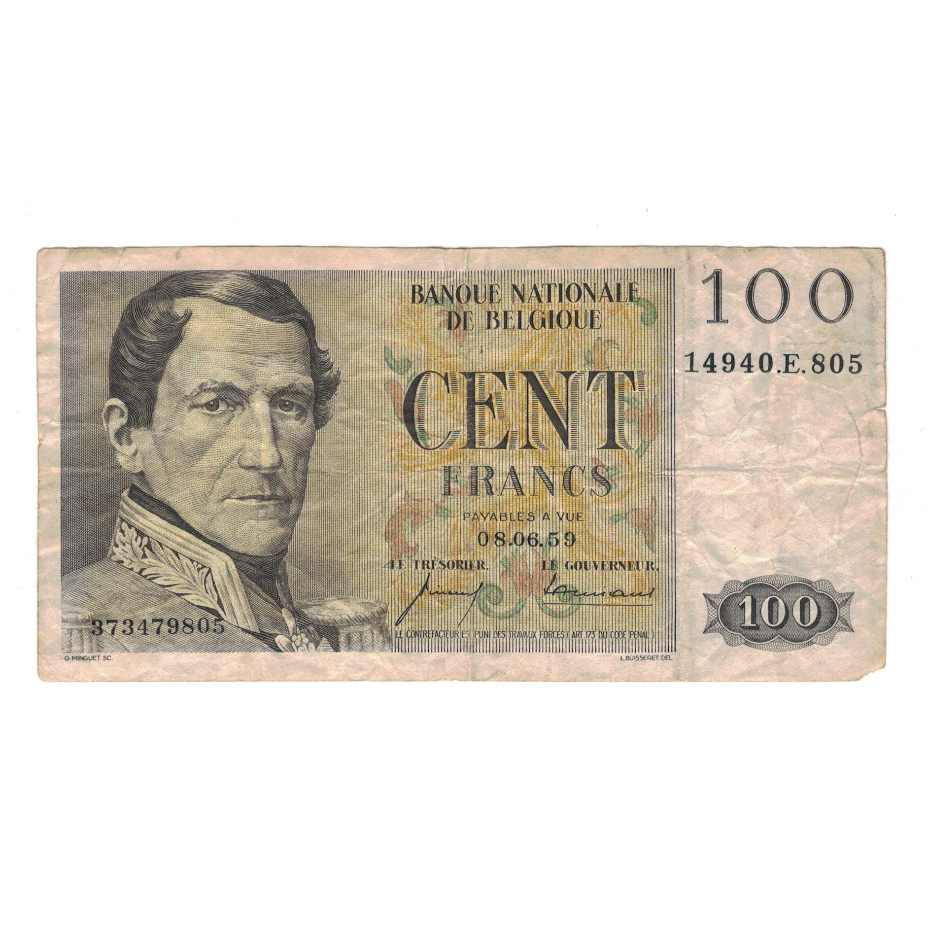 Banknote, Belgium, 100 Francs, 1959, 8-6-1959, KM:129c, VF(20-25)