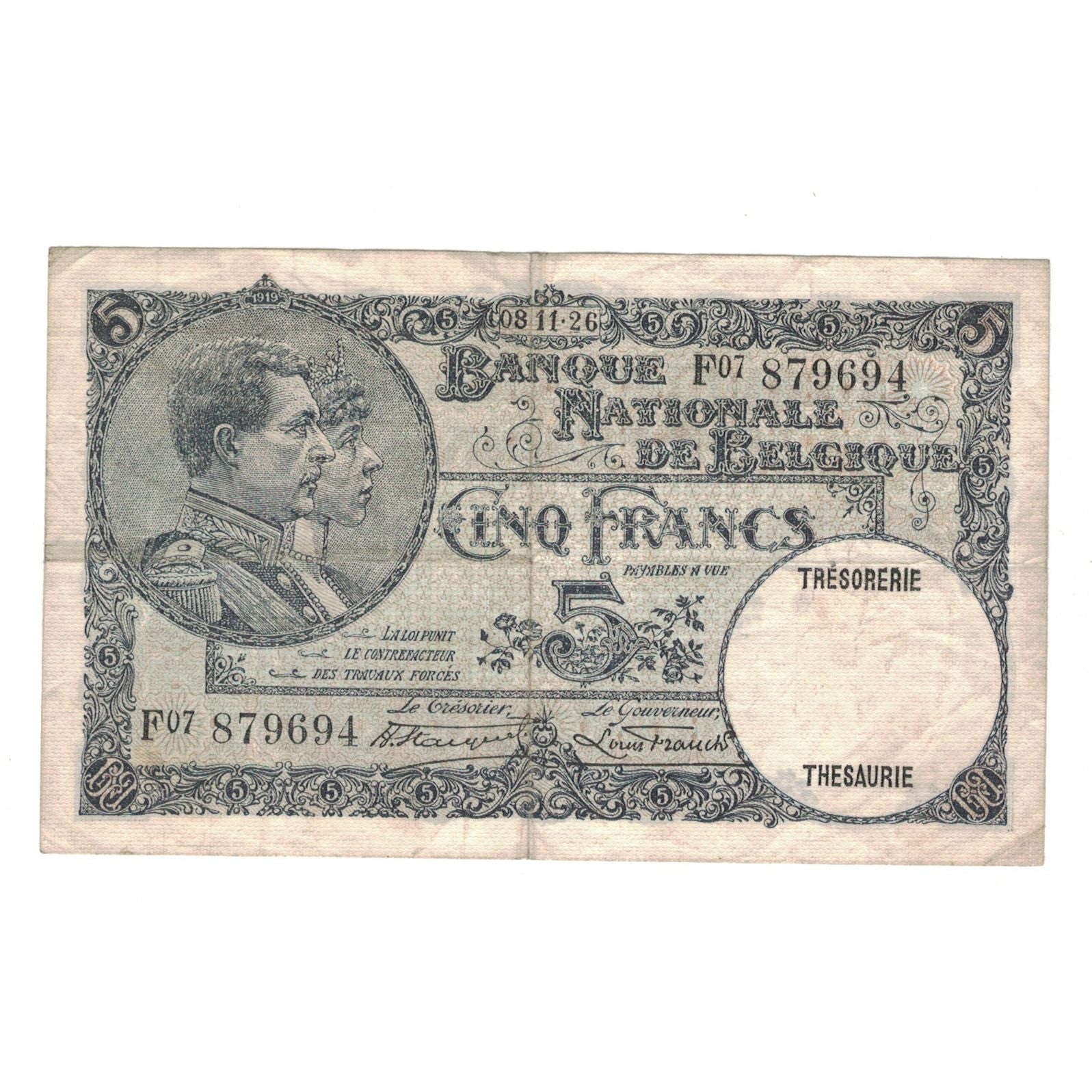 Billet, Belgique, 5 Francs, 1926, 1926-11-08, KM:97b, TB+
