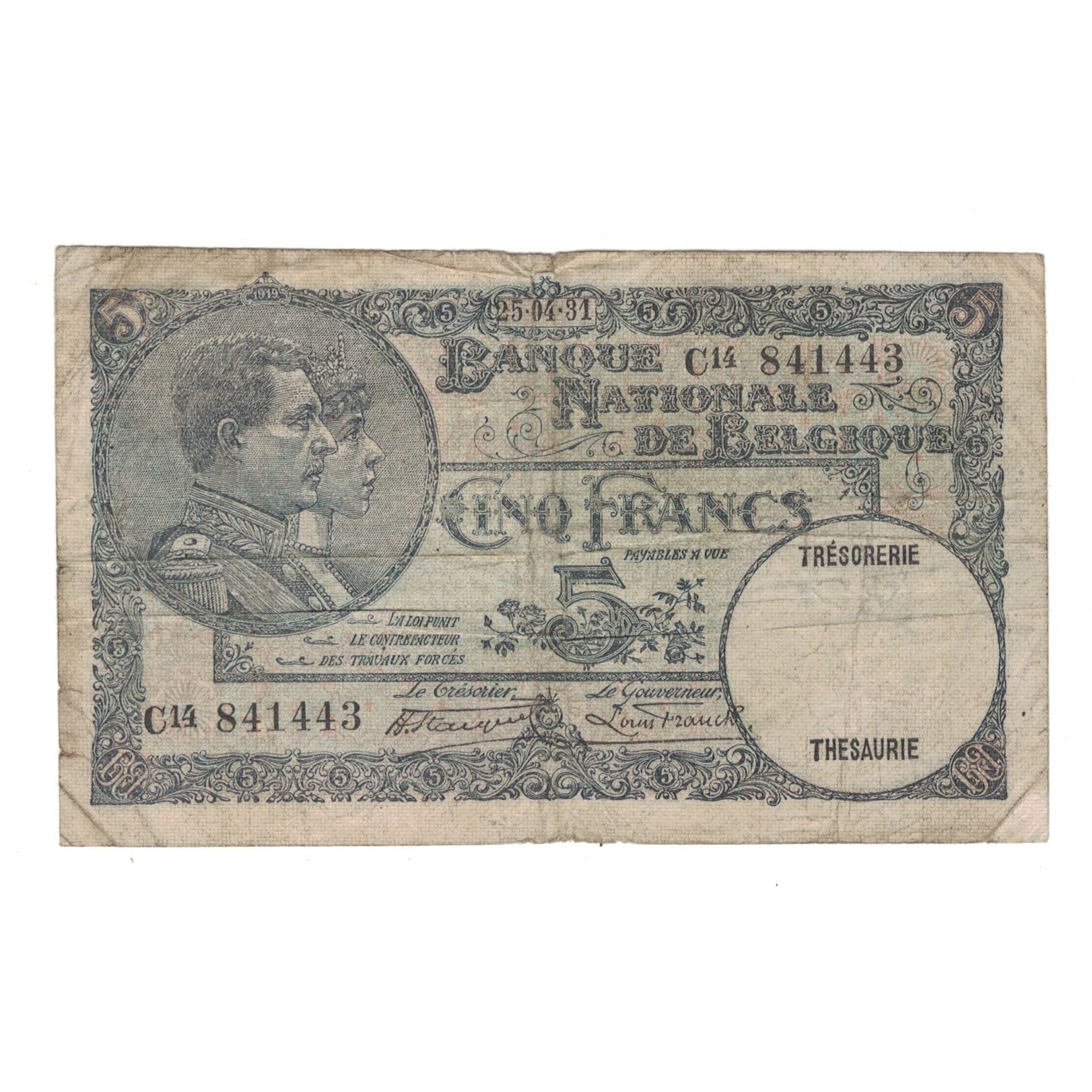 Billet, Belgique, 5 Francs, 1931, 1931-04-25, KM:97b, B