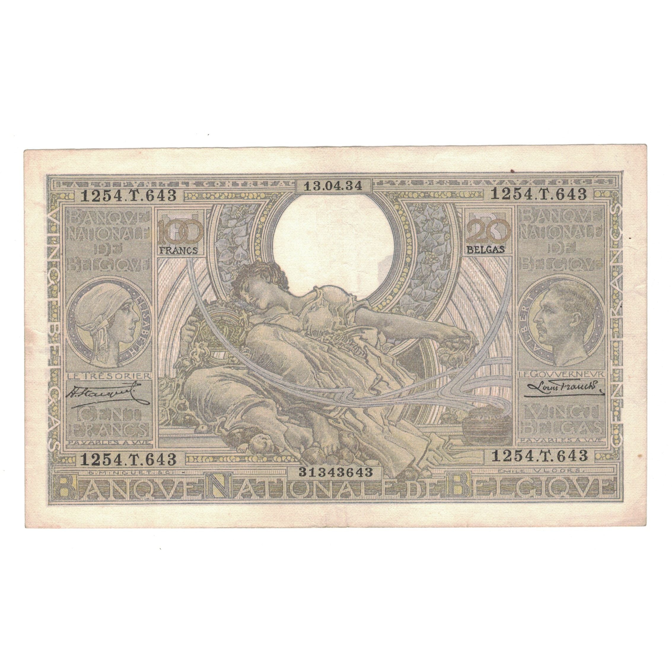 Billet, Belgique, 100 Francs-20 Belgas, 1934, 13-4-1934, KM:107, TB+