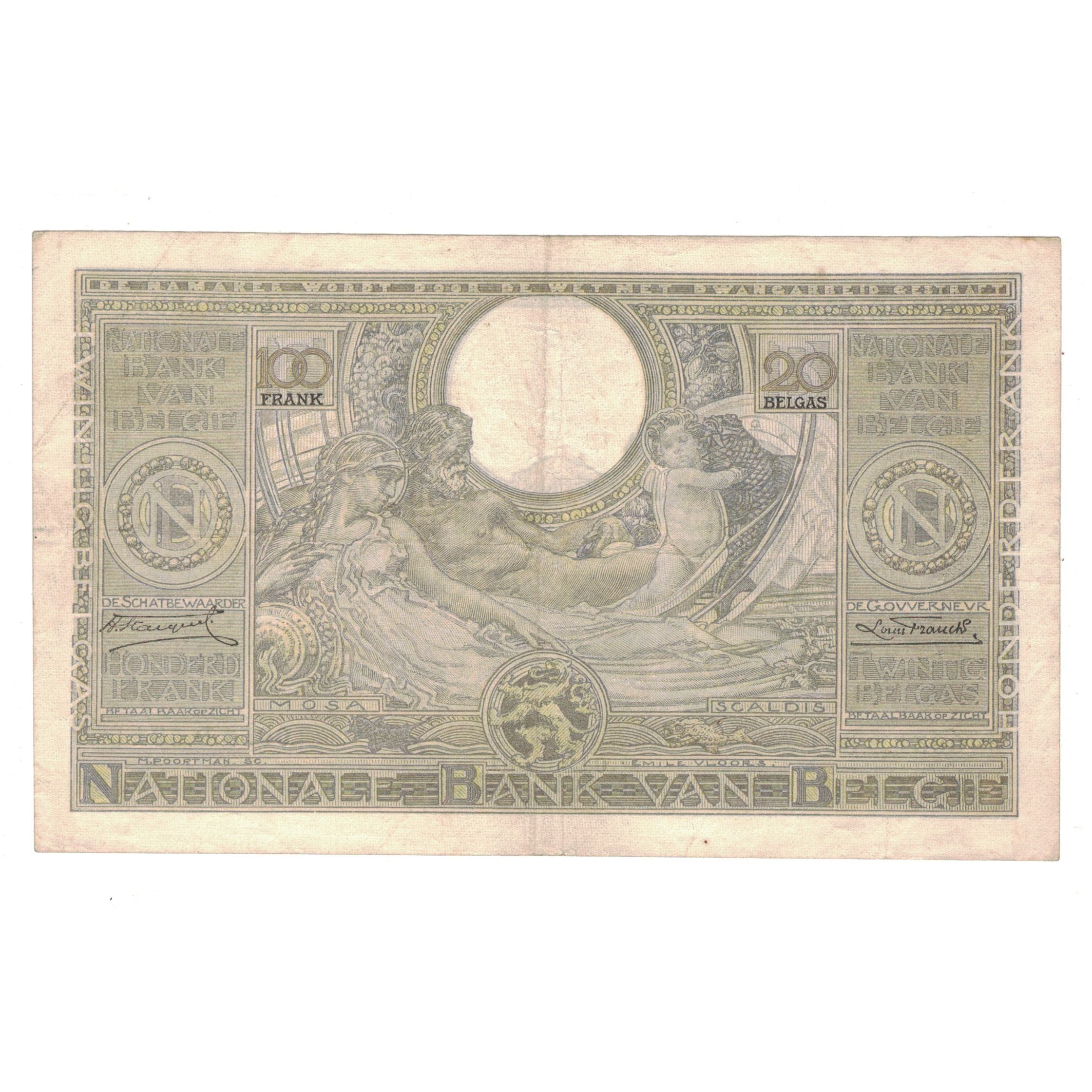 Billete, 100 Francs-20 Belgas, 1933, Bélgica, 8-5-1933, KM:107, BC+