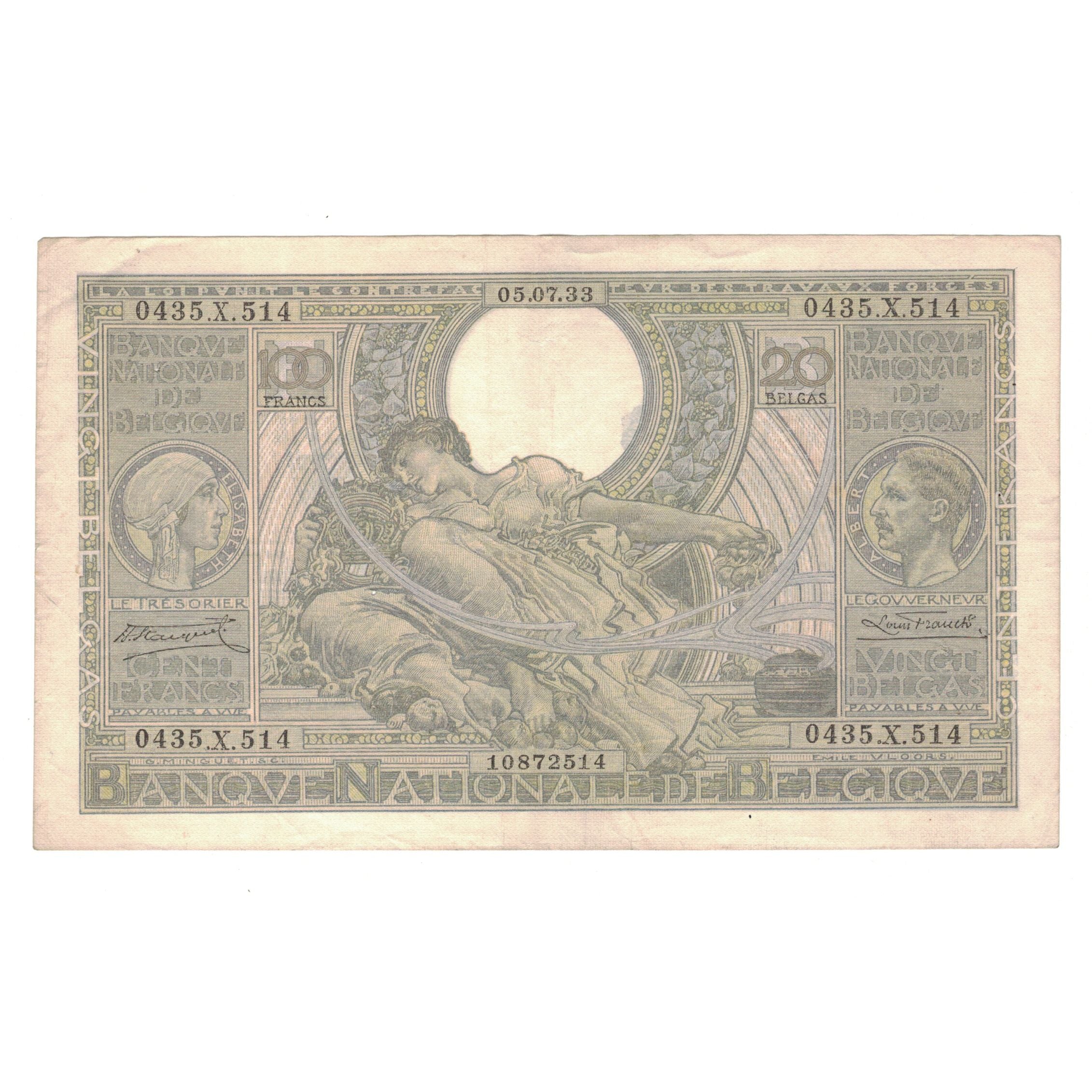 Billete, 100 Francs-20 Belgas, 1933, Bélgica, 1933-07-05, KM:107, BC+
