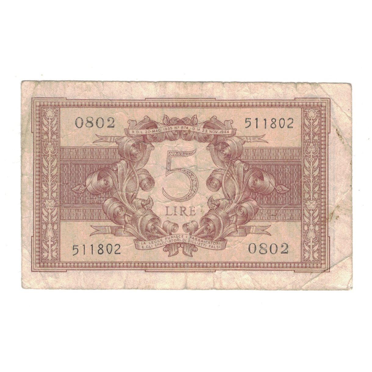 Banknote, Italy, 5 Lire, 1944, 1944-11-23, KM:31c, EF(40-45)