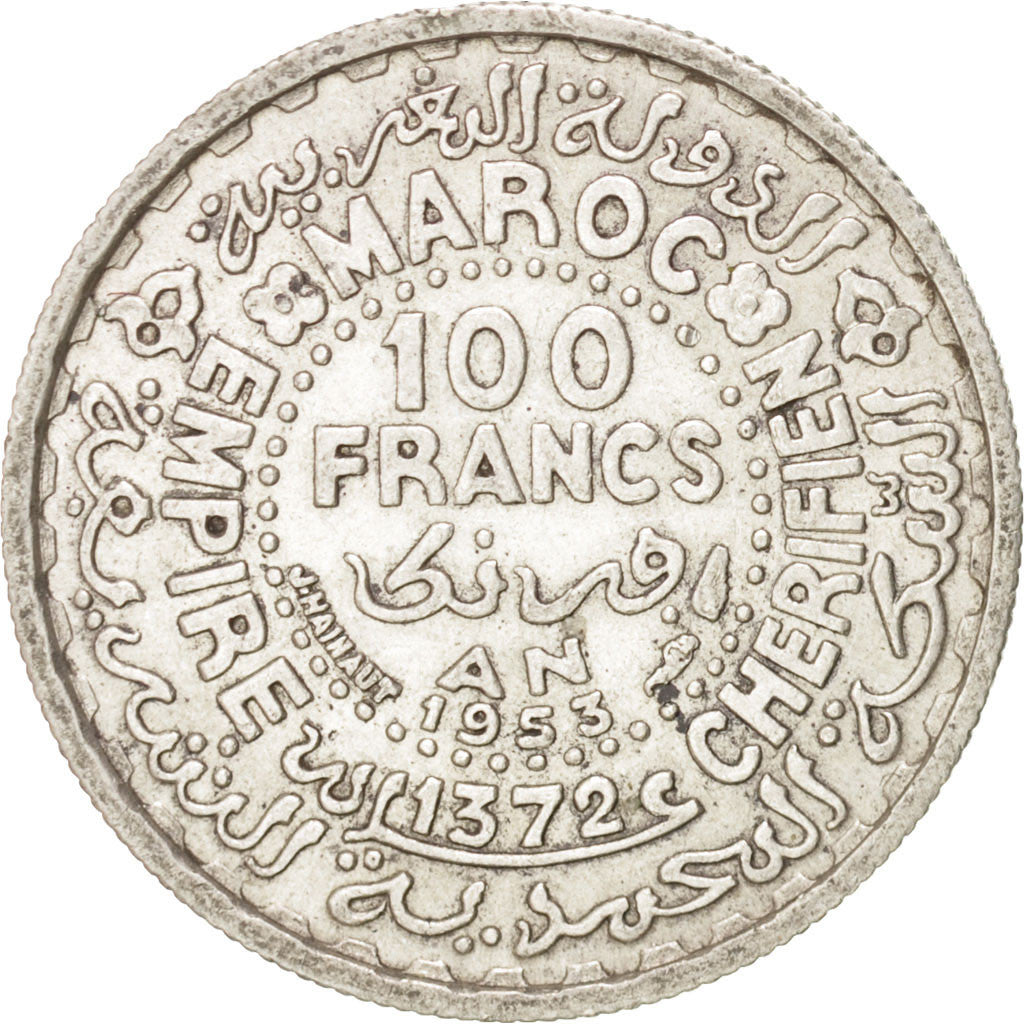 Morocco, Mohammed V, 100 Francs, 1953, Paris, KM:52, AU(55-58), Silver