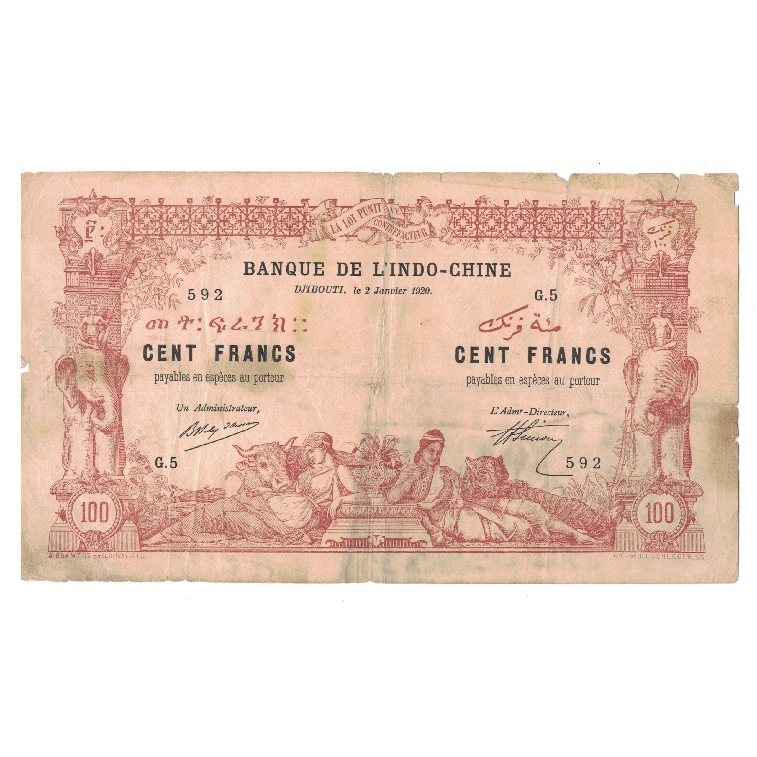 Banknote, French Somaliland, 100 Francs, KM:5, VG(8-10)