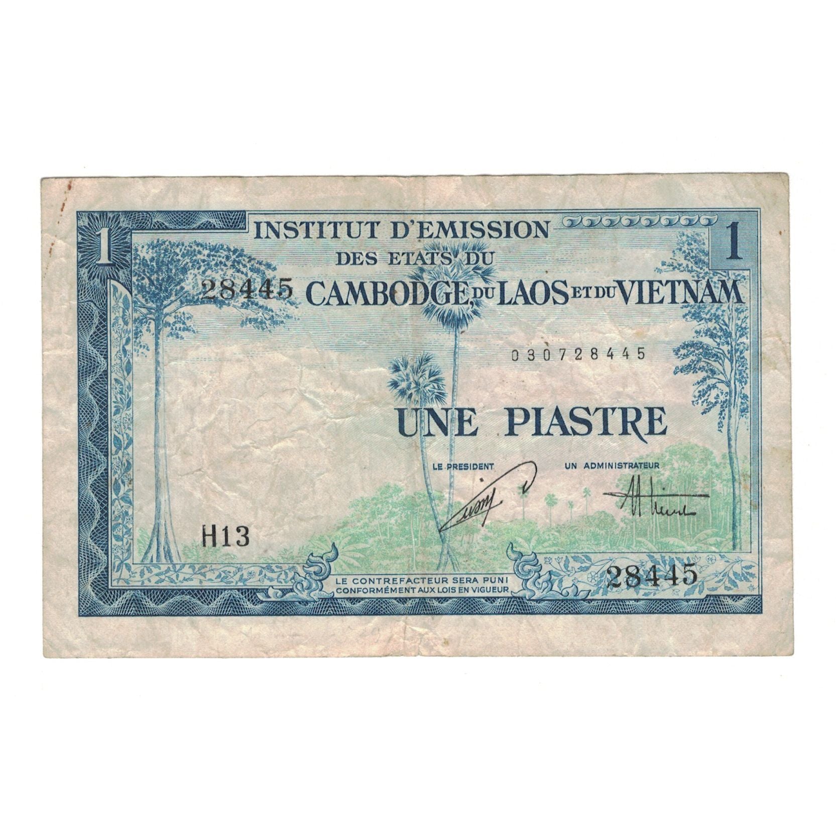 Billet, Indochine française, 1 Piastre = 1 Riel, Undated (1954), KM:94, TB
