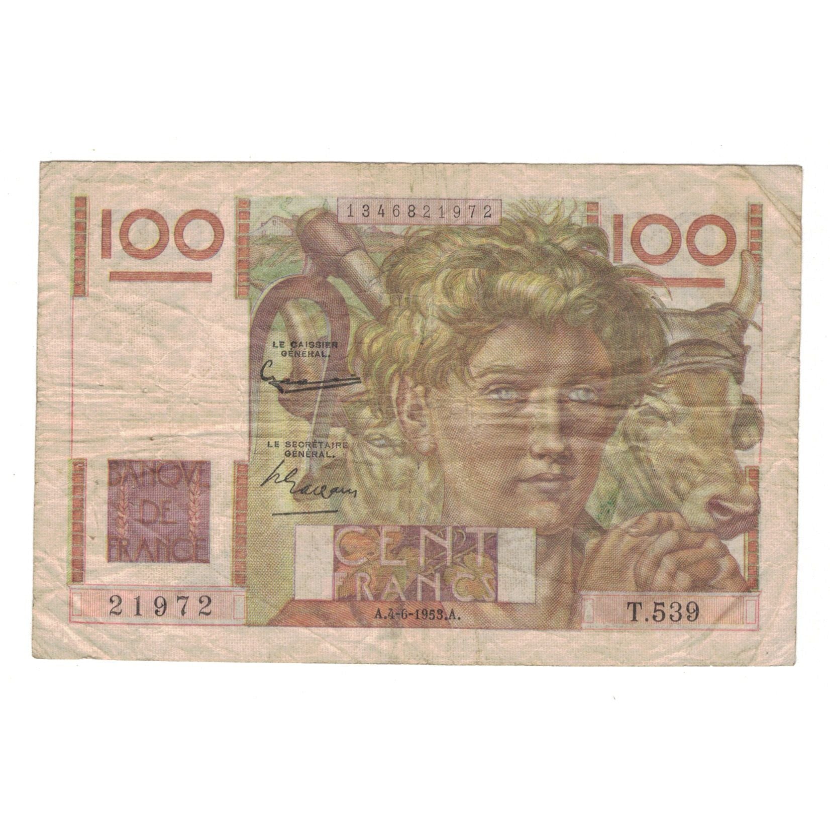 France, 100 Francs, Jeune Paysan, 1953, T.539, TB, Fayette:28.37, KM:128d