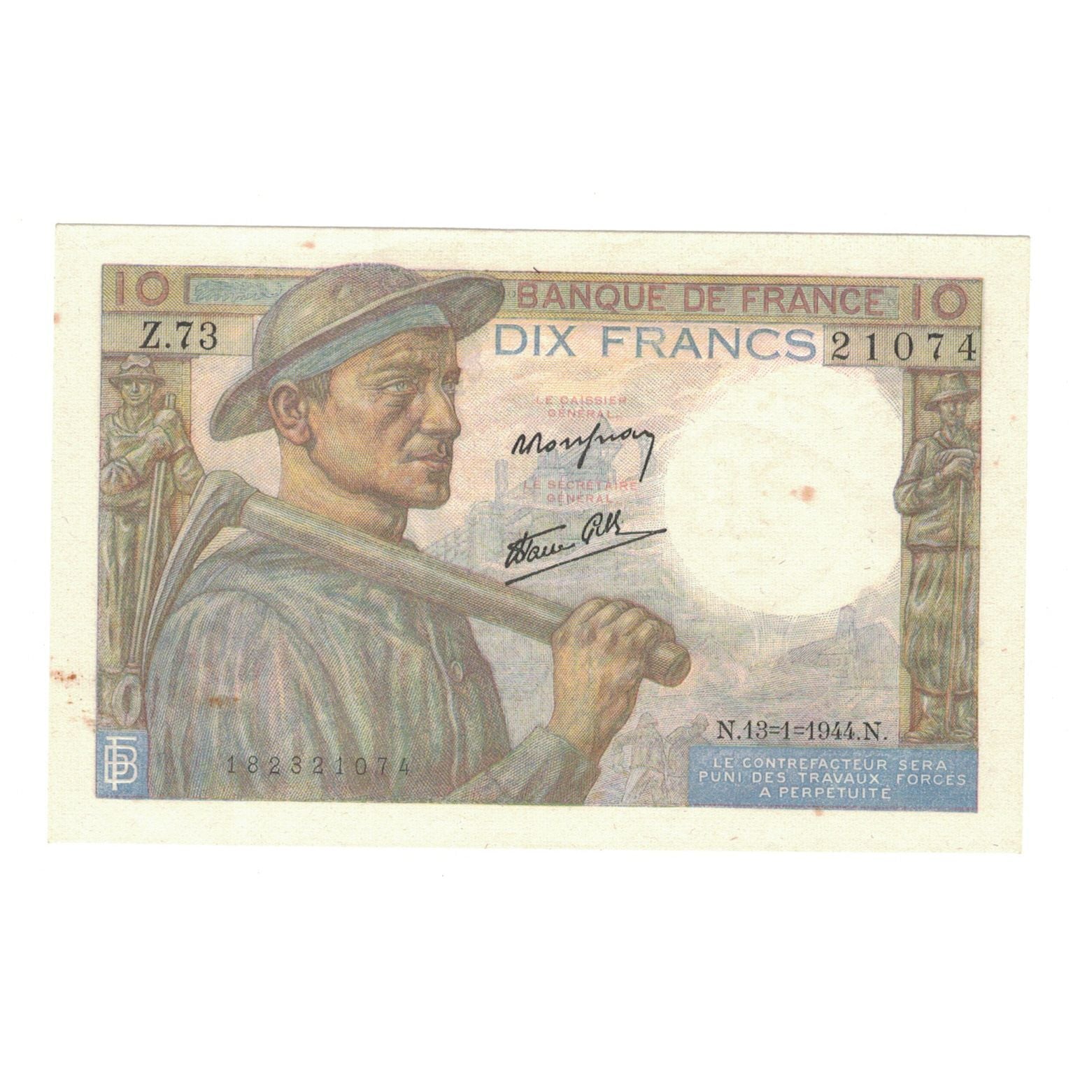 Francia, 10 Francs, Mineur, 1944, Z.73, BB+, Fayette:08.10, KM:99e