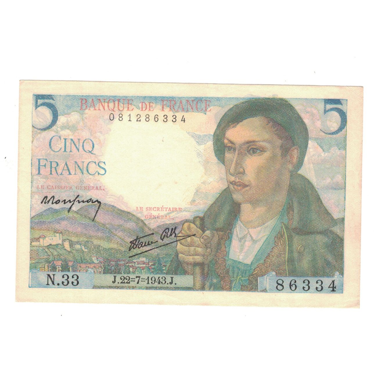 France, 5 Francs, Berger, 1943, N.33, UNC(63), Fayette:05.2, KM:98a