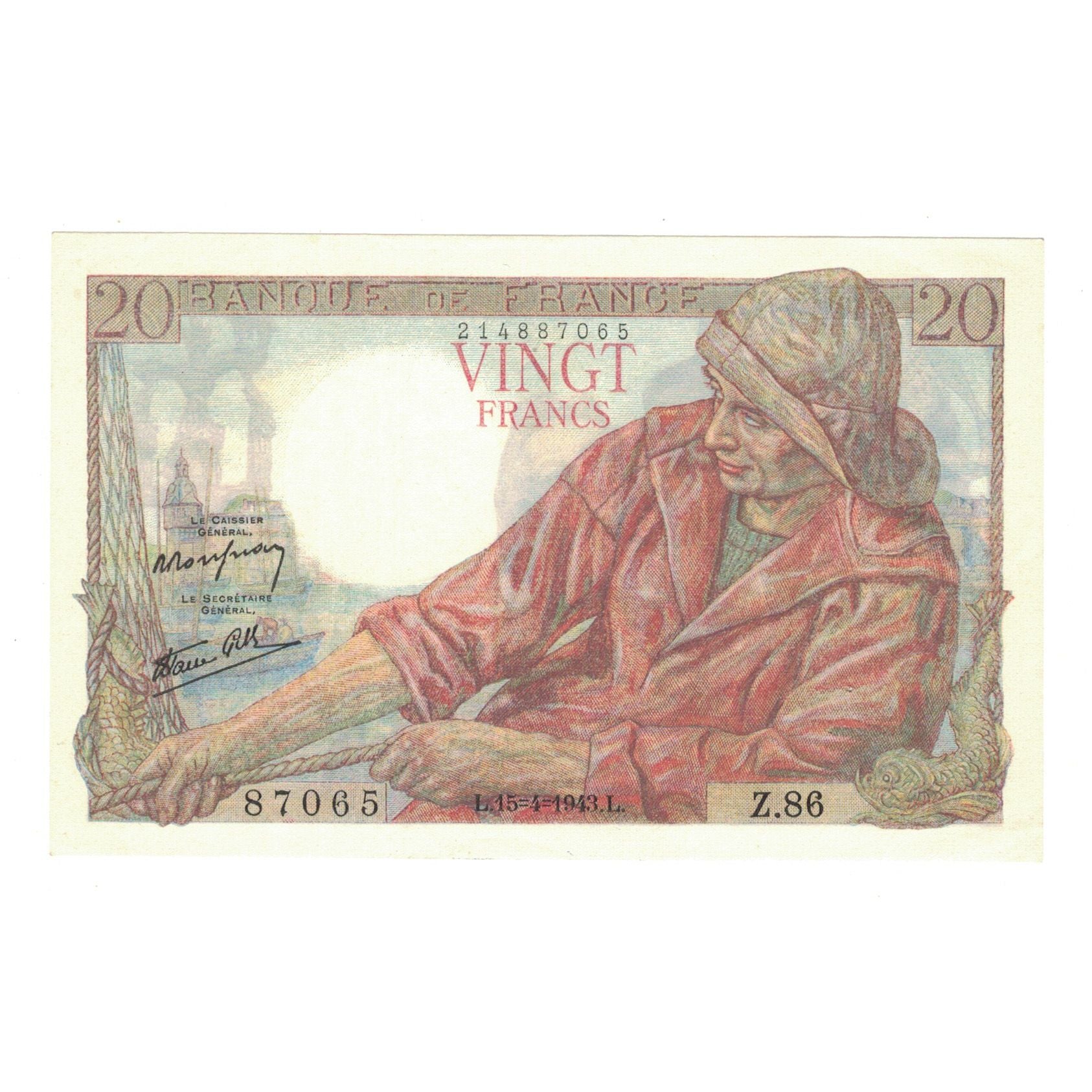 Francja, 20 Francs, Pêcheur, 1943, Z.86, UNC(63), Fayette:13.6, KM:100a