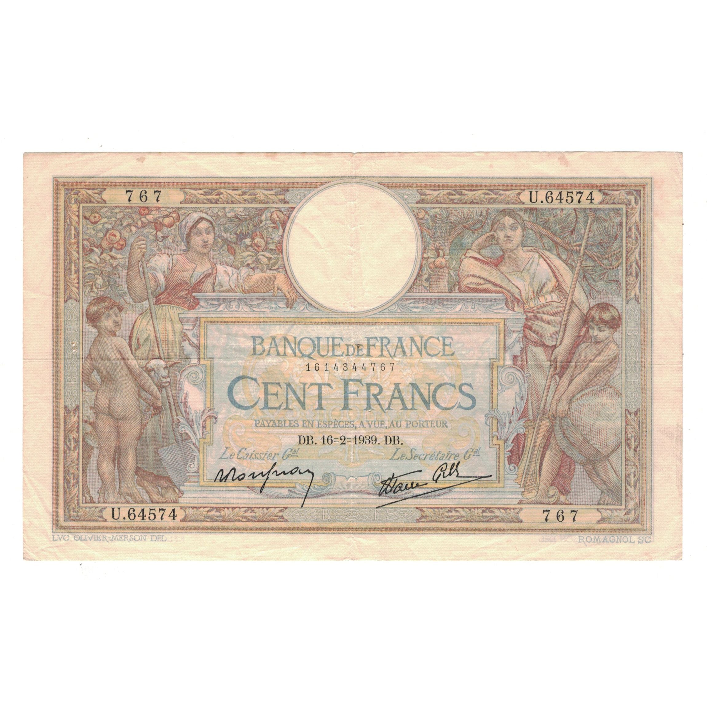 Francja, 100 Francs, Luc Olivier Merson, 1939, U.64574, EF(40-45)
