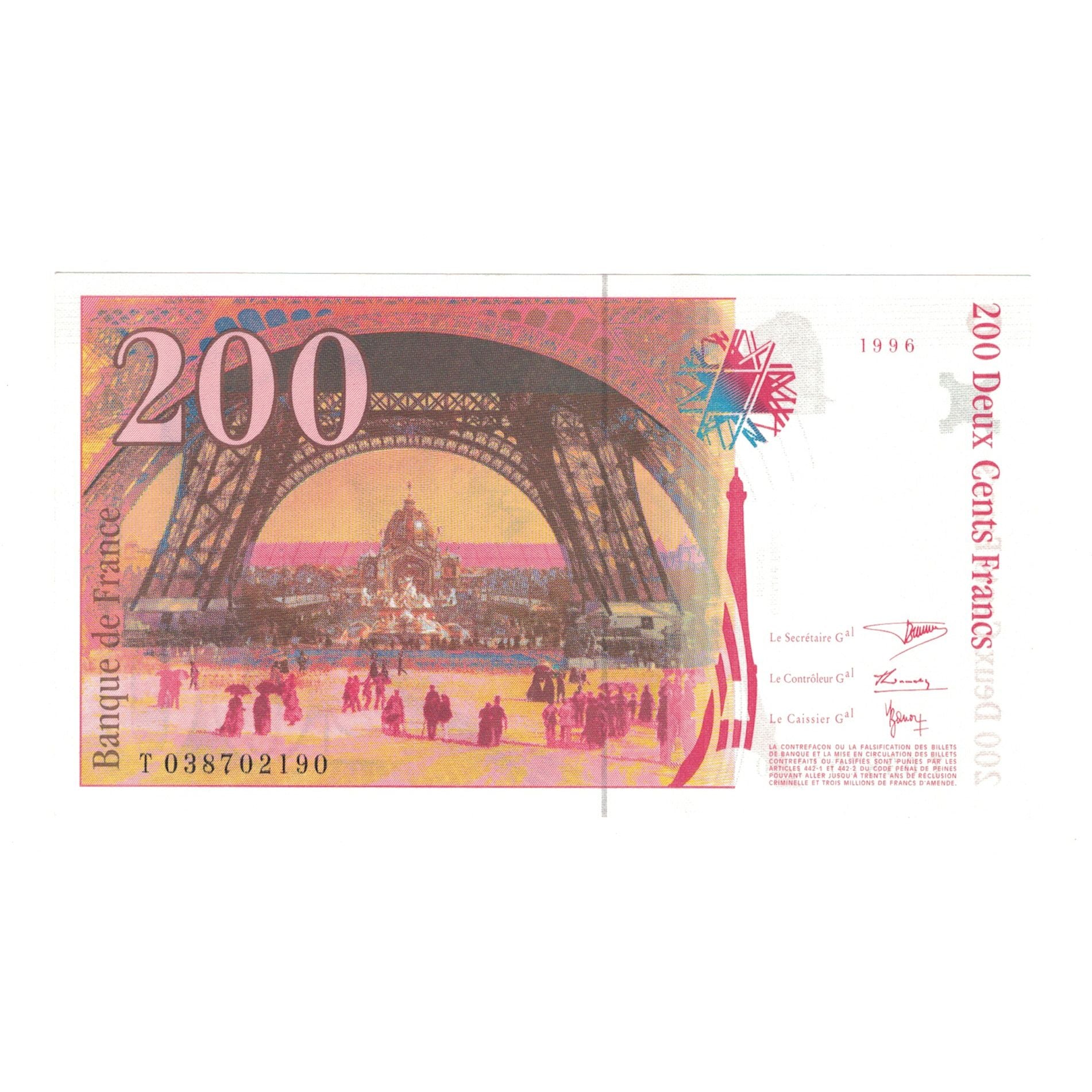 France, 200 Francs, Eiffel, 1996, T038702190, UNC(65-70), Fayette:75.3a, KM:159b