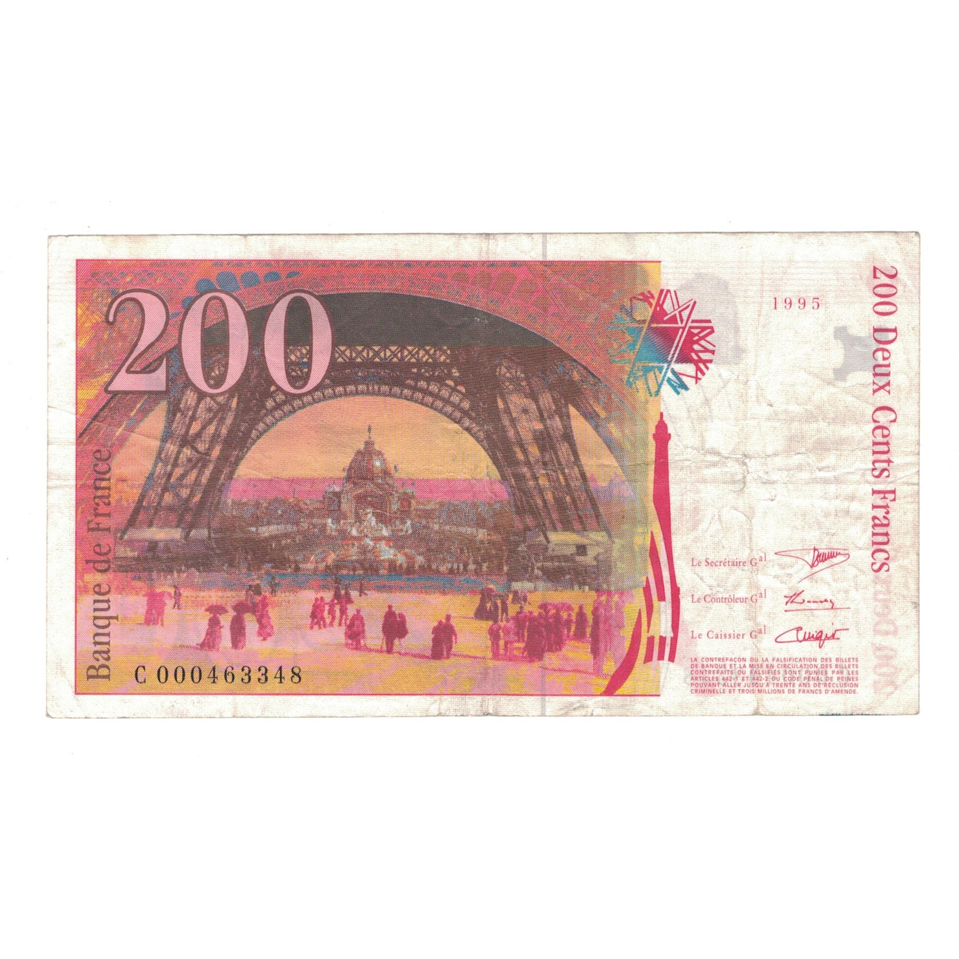 France, 200 Francs, Eiffel, 1995, C000463348, VF(30-35), Fayette:75.02, KM:159a