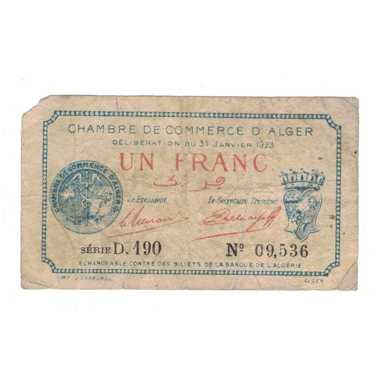 Banknote, Algeria, 1 Franc, Chambre de Commerce, 1923, 2023-01-31, VF(30-35)