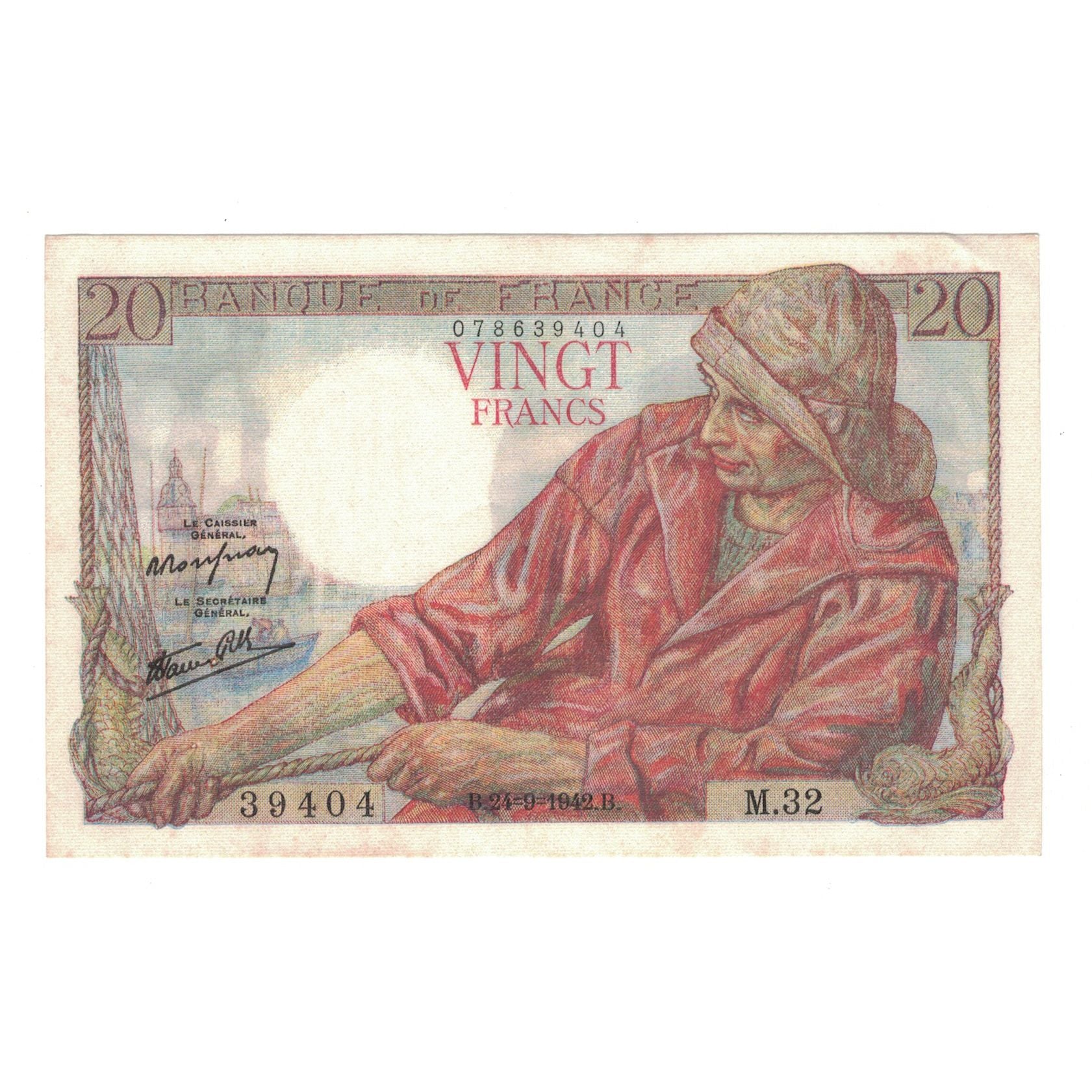 France, 20 Francs, Pêcheur, 1942, M.32, AU(50-53), Fayette:13.3, KM:100a