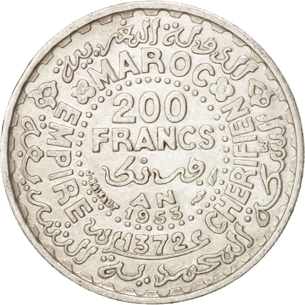 Morocco, Mohammed V, 200 Francs, 1953, Paris, EF(40-45), Silver, KM:53