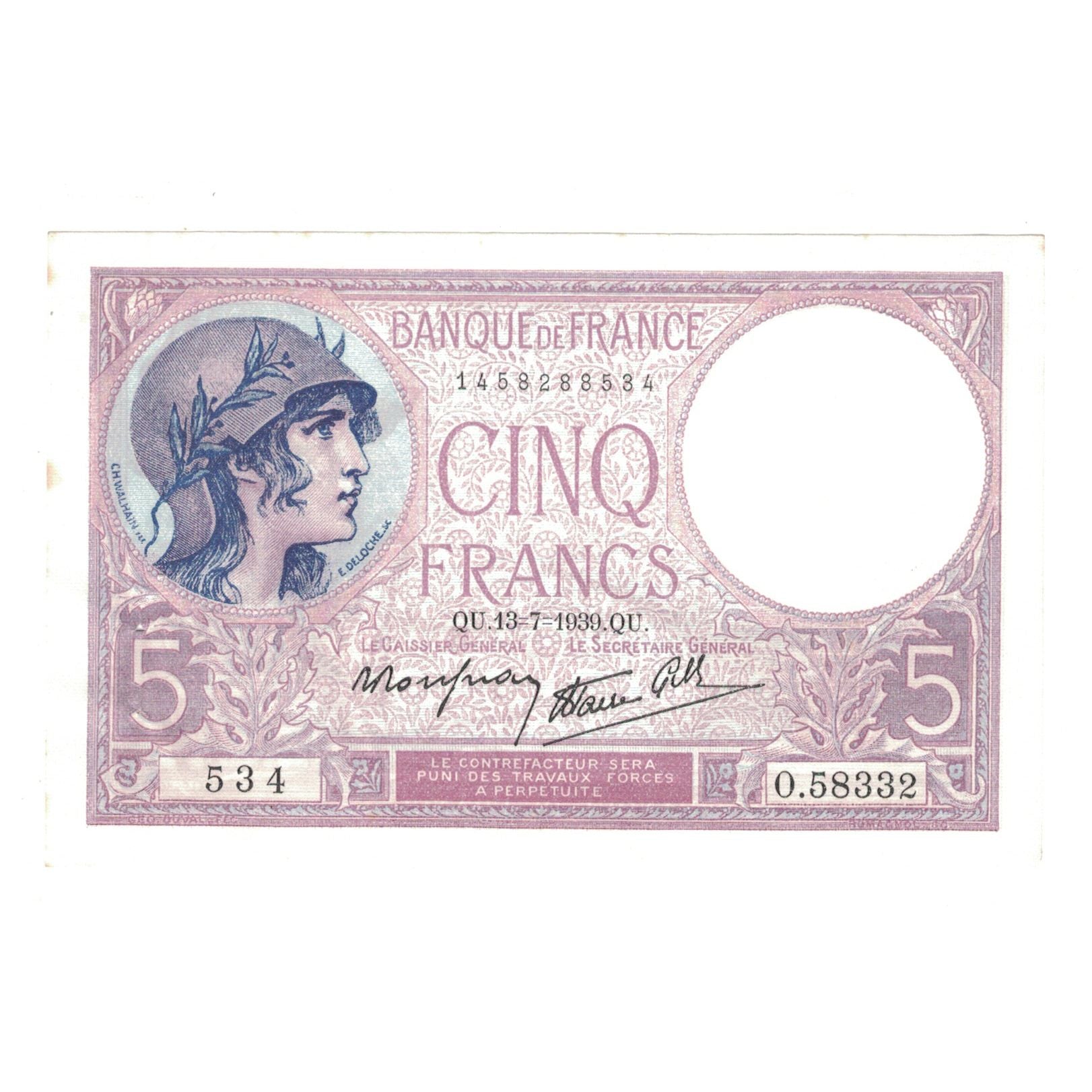 Francia, 5 Francs, Violet, 1939, O.58332, BB+, Fayette:F04.1, KM:83