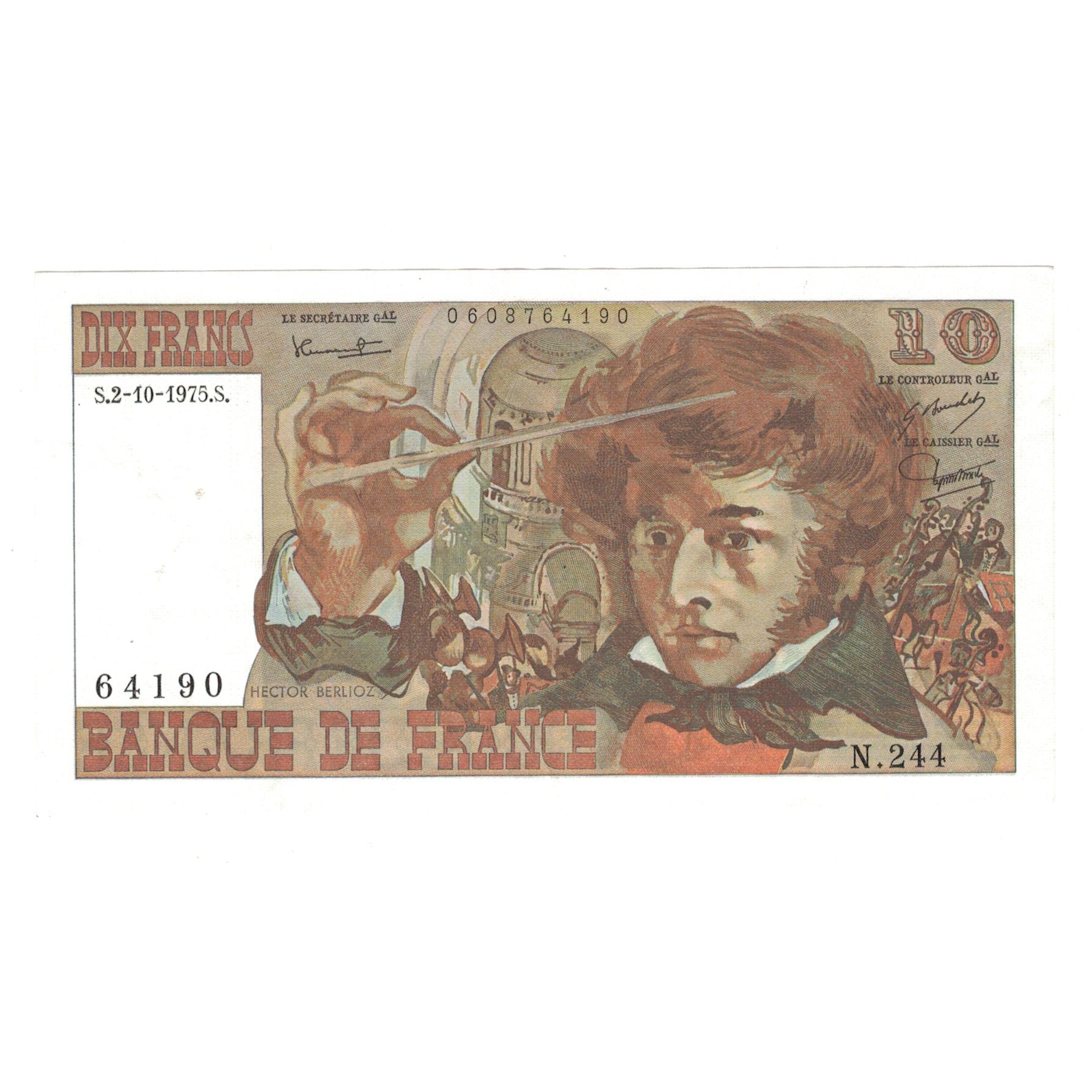 France, 10 Francs, Berlioz, 1975, N.244, AU(50-53), Fayette:63.13, KM:150b