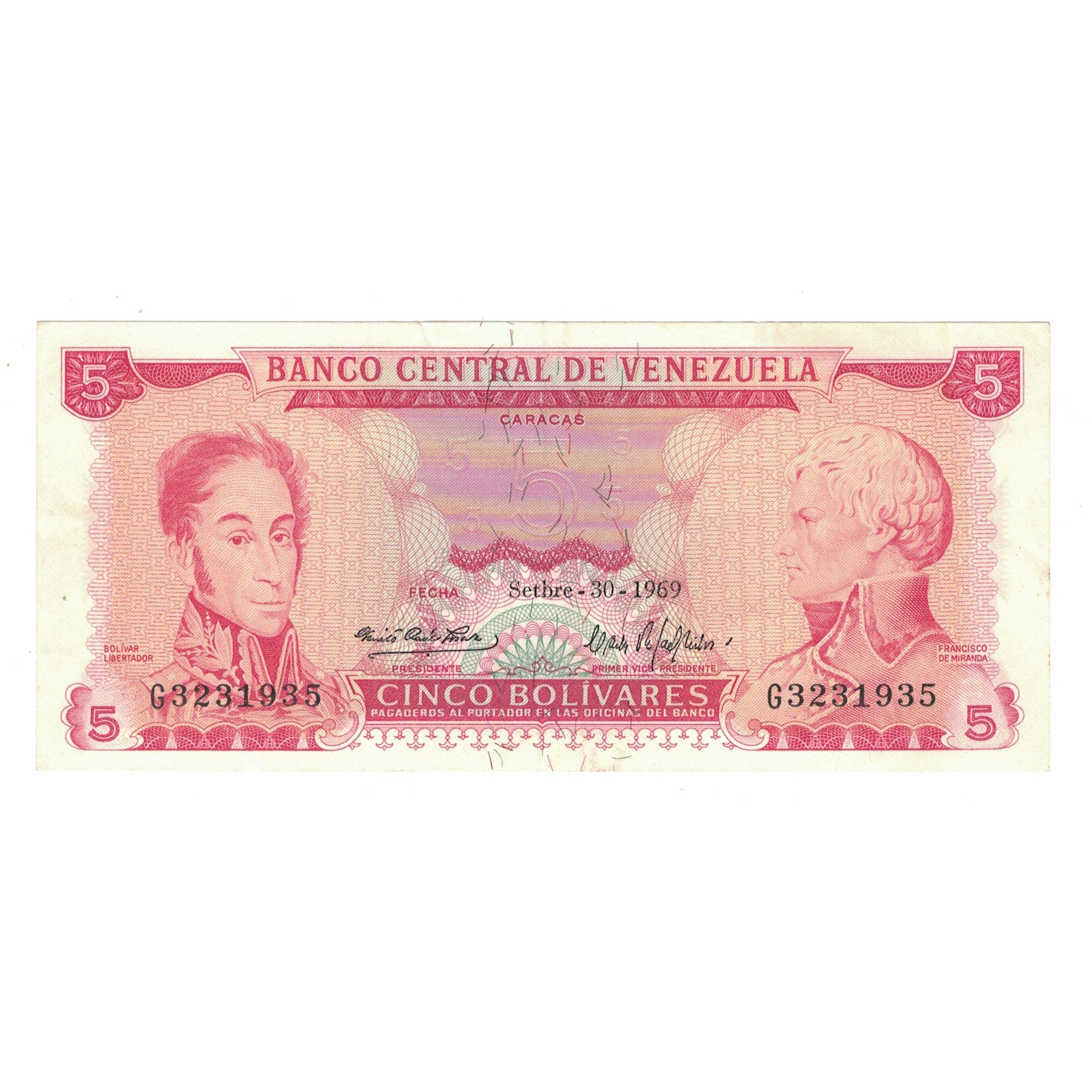 Nota, Venezuela, 5 Bolivares, 1969, 1969-09-30, KM:50c, EF(40-45)