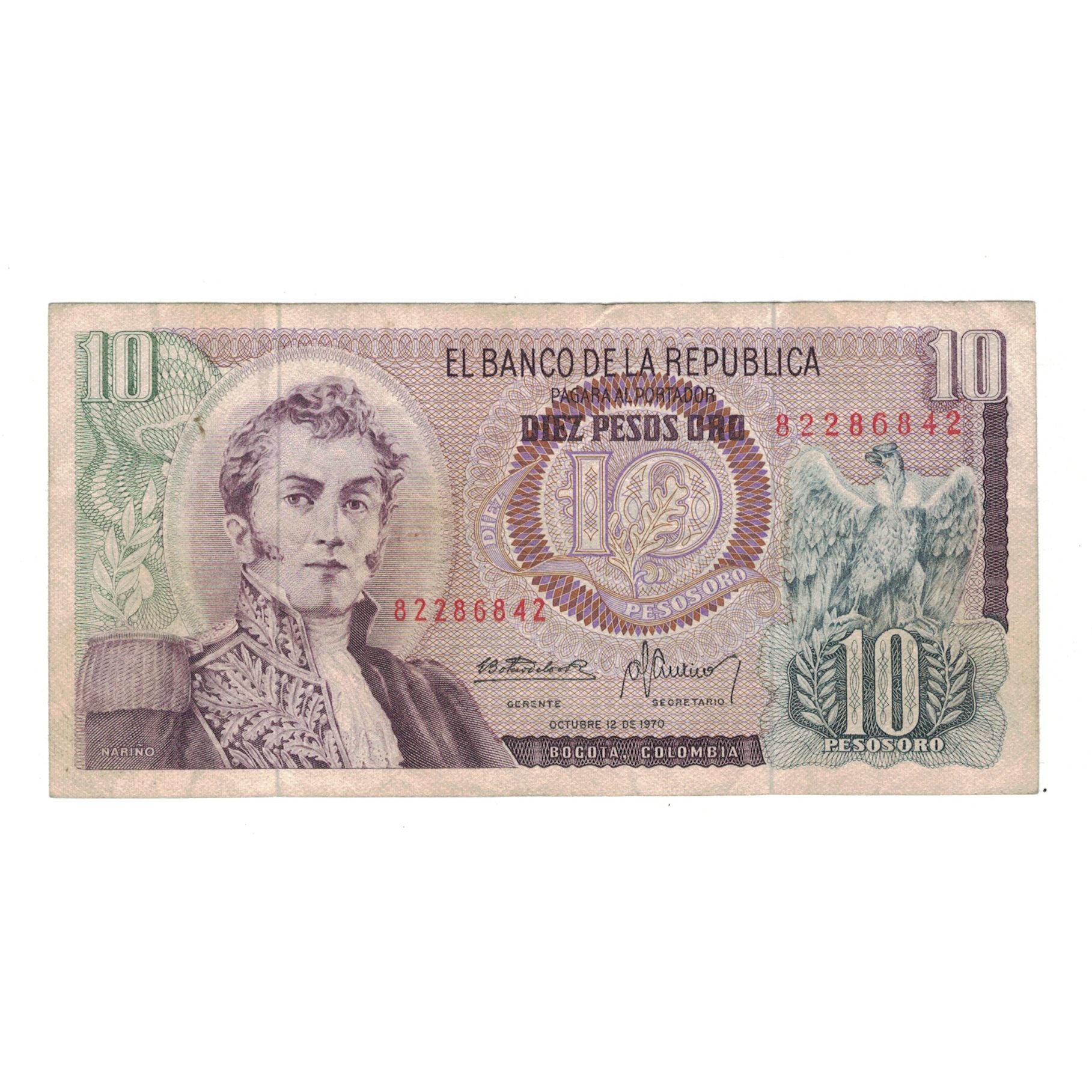 Banknote, Colombia, 10 Pesos Oro, 1970, 1970-10-12, KM:407d, VF(20-25)