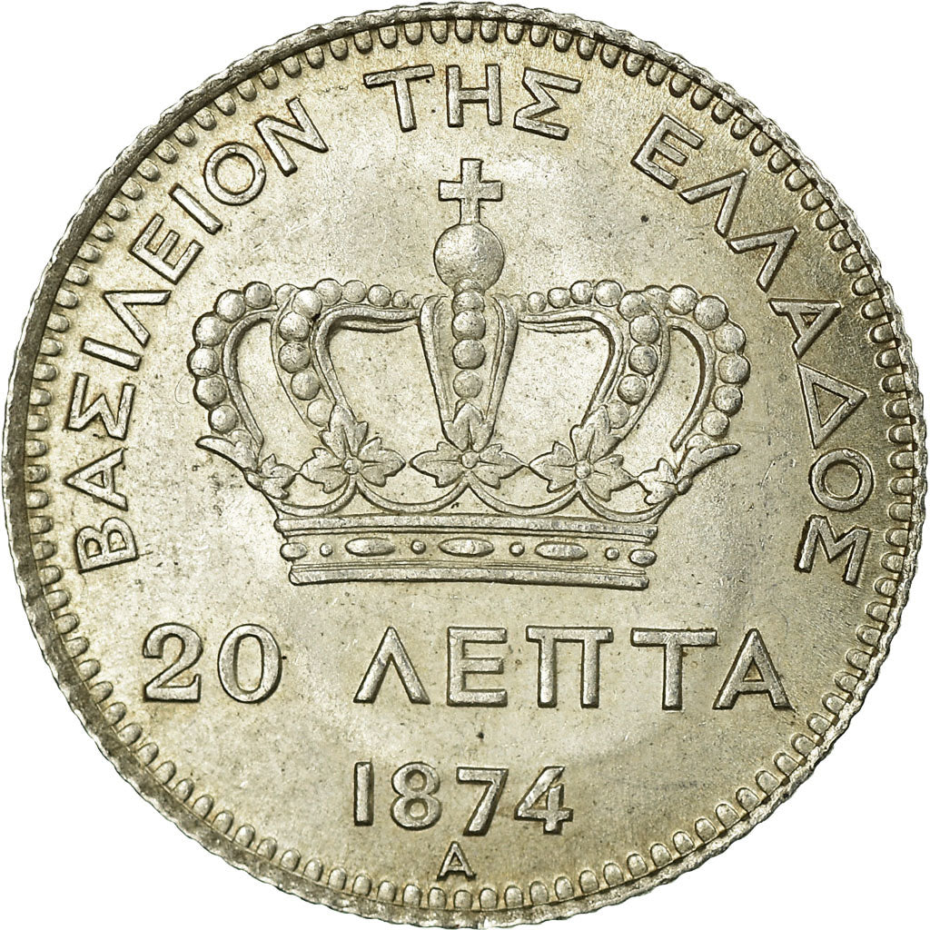 Coin, Greece, George I, 20 Lepta, 1874, Paris, MS(60-62), Silver, KM:44