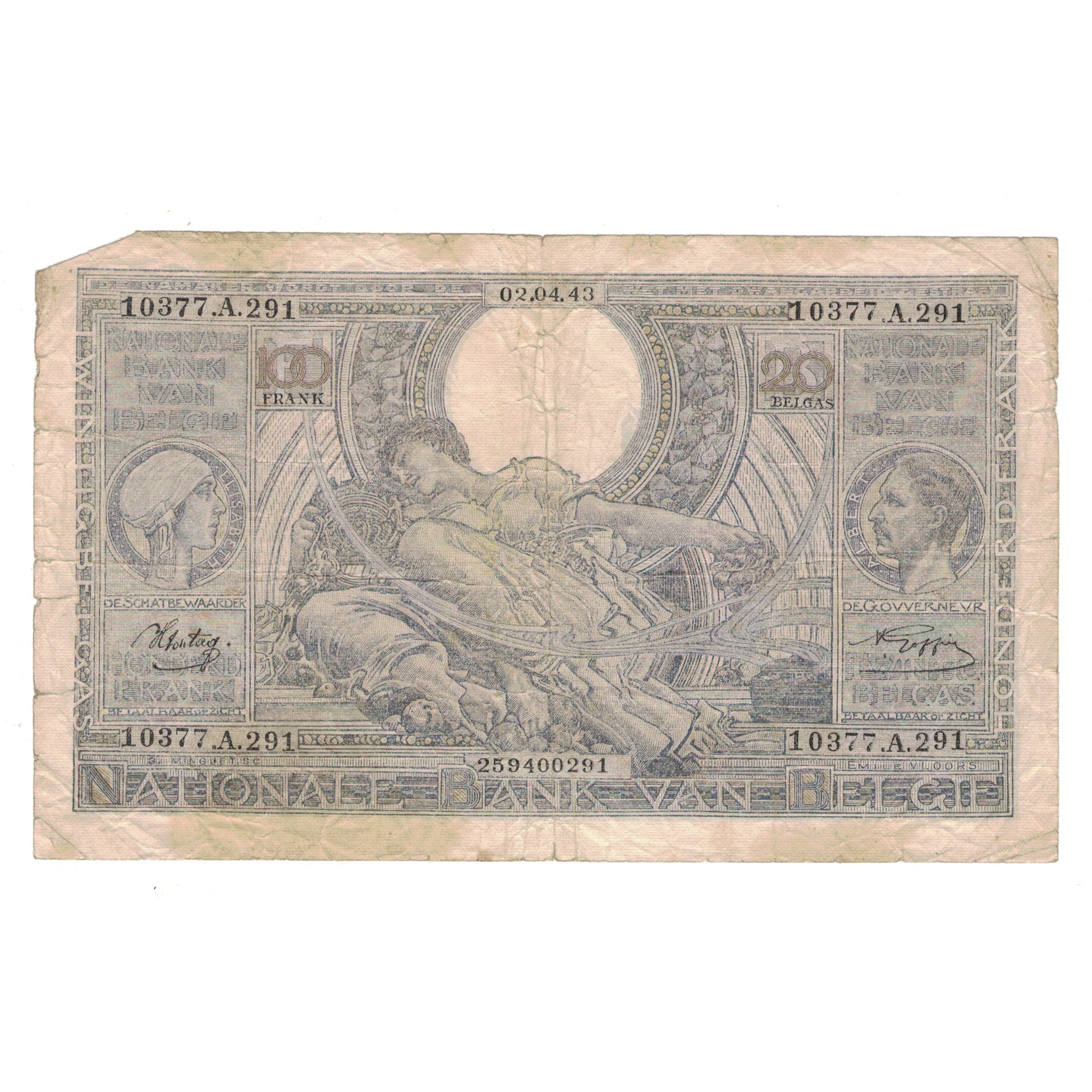 Billet, Belgique, 100 Francs-20 Belgas, 1943, 1943-04-02, KM:107, B