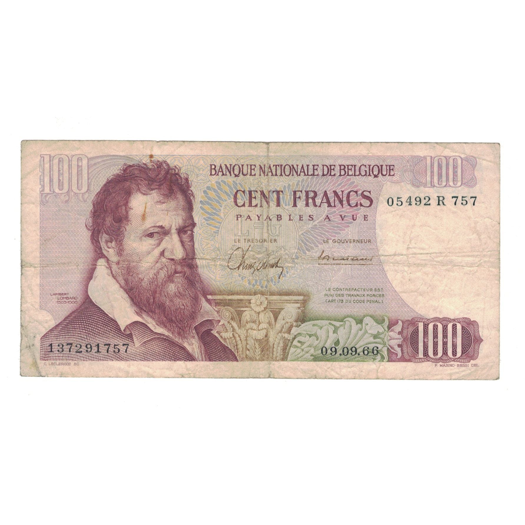 Banknote, Belgium, 100 Francs, 1966, 1966-09-09, KM:134a, VF(20-25)