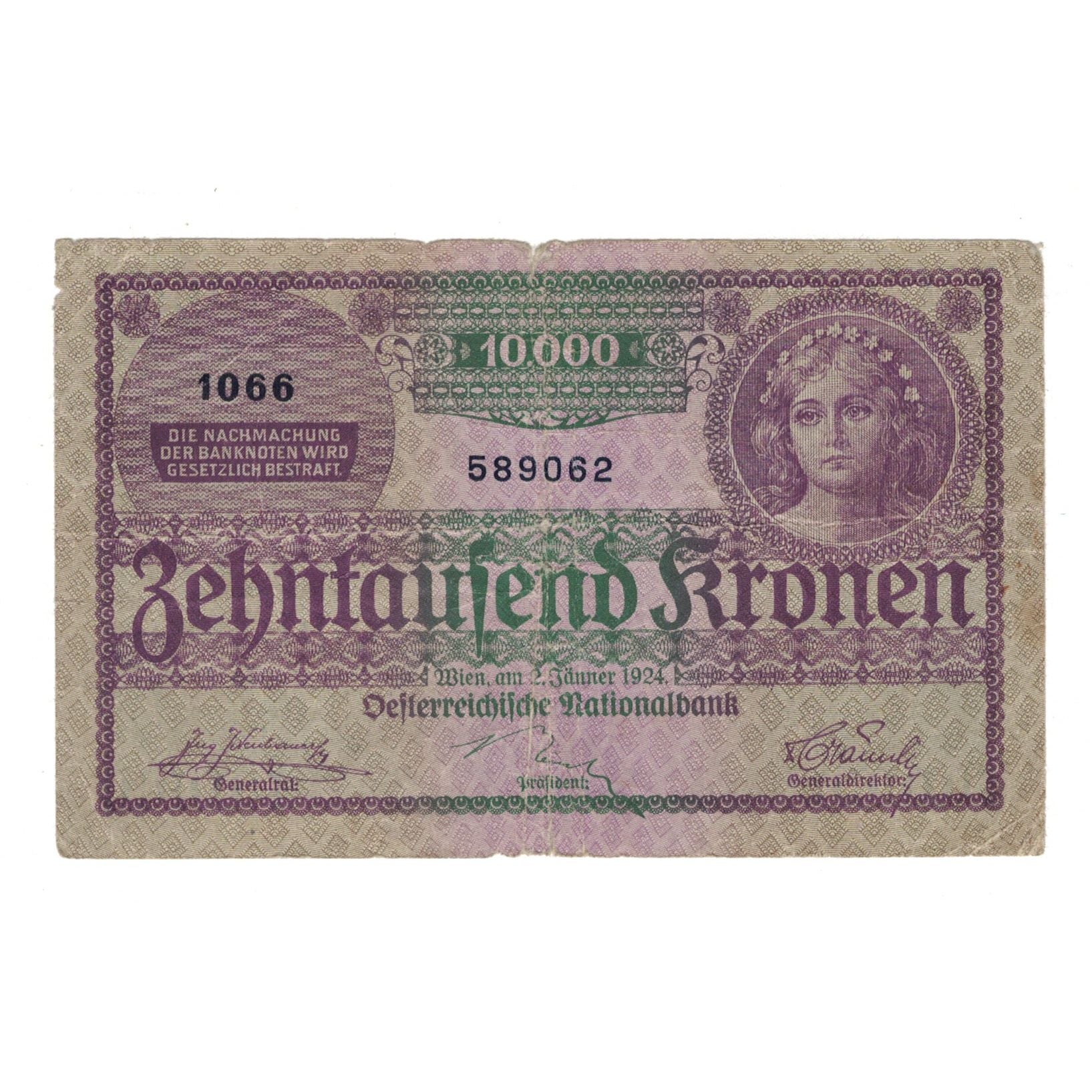 Banknote, Austria, 10,000 Kronen, 1924, 1924-01-02, KM:85, VF(20-25)