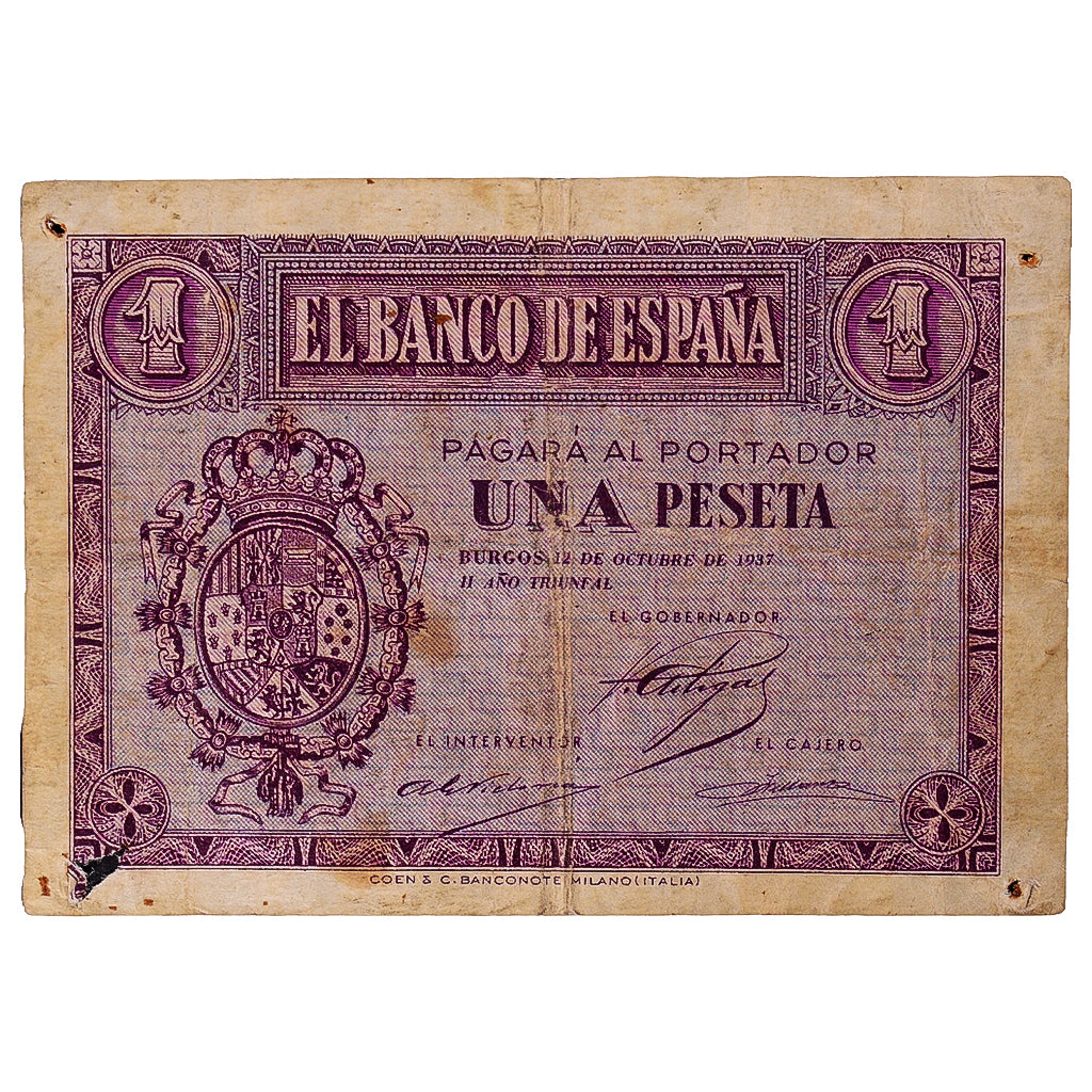 Banknote, Spain, 1 Peseta, 1937, 1937-10-12, KM:104a, VF(20-25)