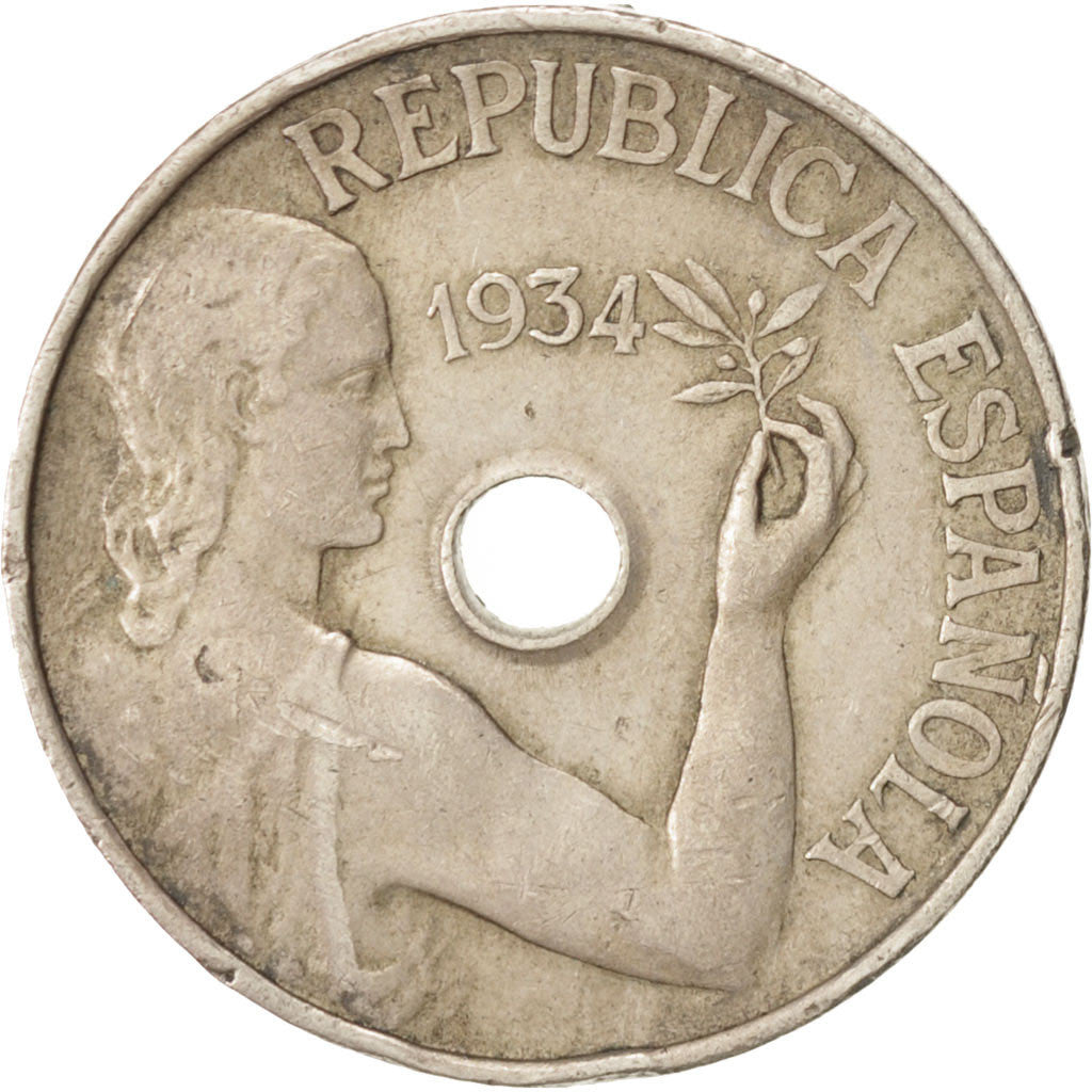 Spain, 25 Centimos, 1934, EF(40-45), Copper-nickel, KM:751