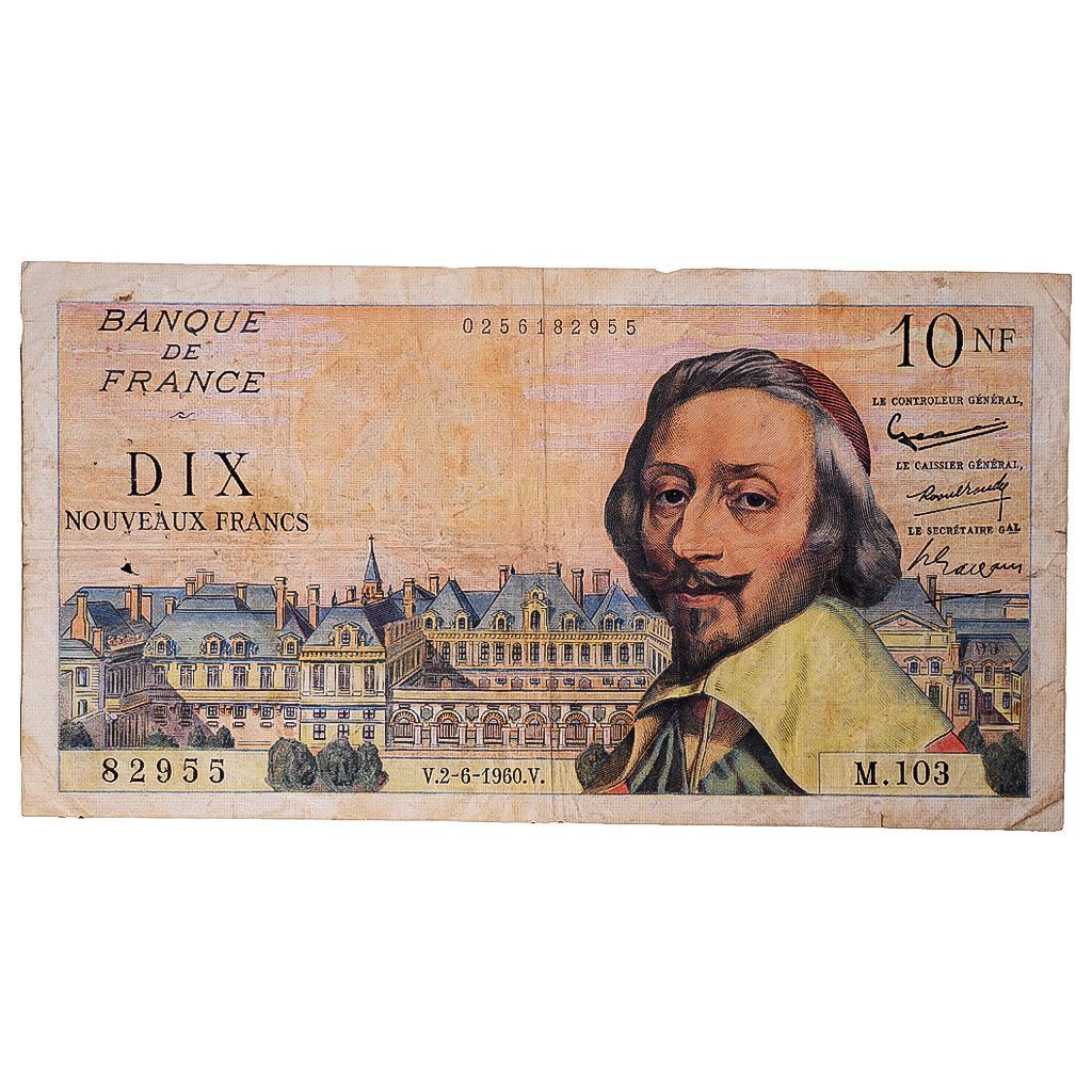 France, 10 Nouveaux Francs, Richelieu, 1960, M.103, VG(8-10), Fayette:57.8
