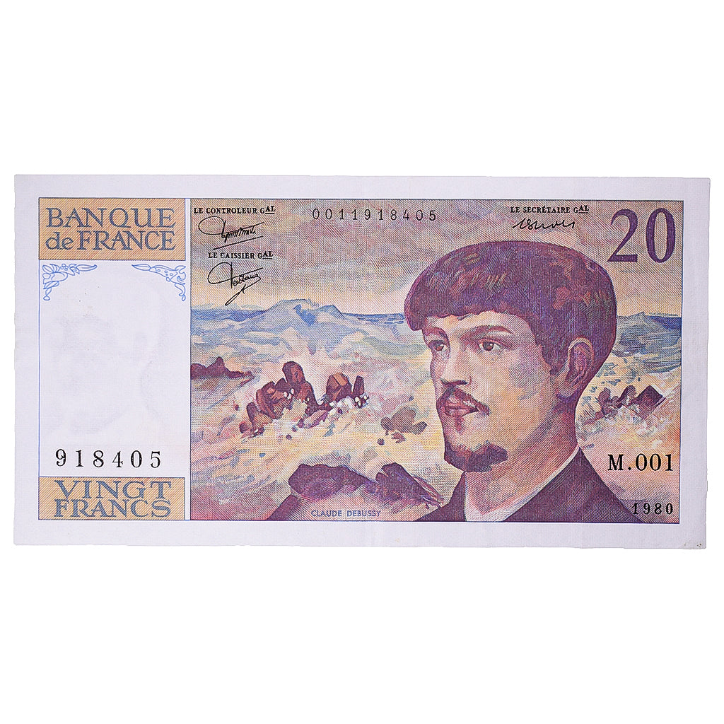 France, 20 Francs, Debussy, 1980, M.001, EF(40-45), Fayette:66.1, KM:151a