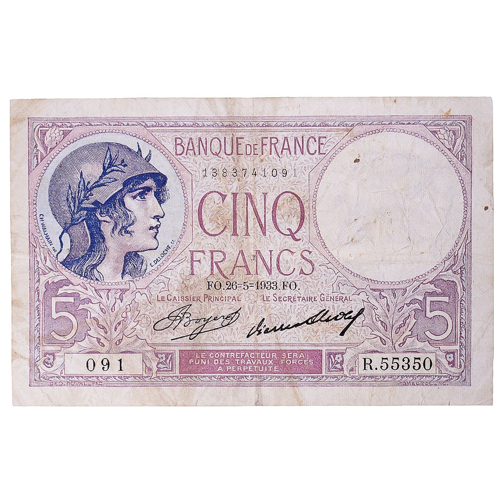 Francja, 5 Francs, Violet, 1933, R.55350, VF(20-25), Fayette:3.17, KM:72e
