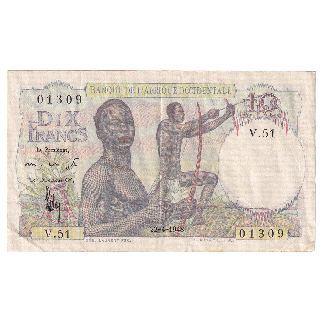 Banknote, French West Africa, 10 Francs, 1948, 1948-04-22, KM:37, EF(40-45)
