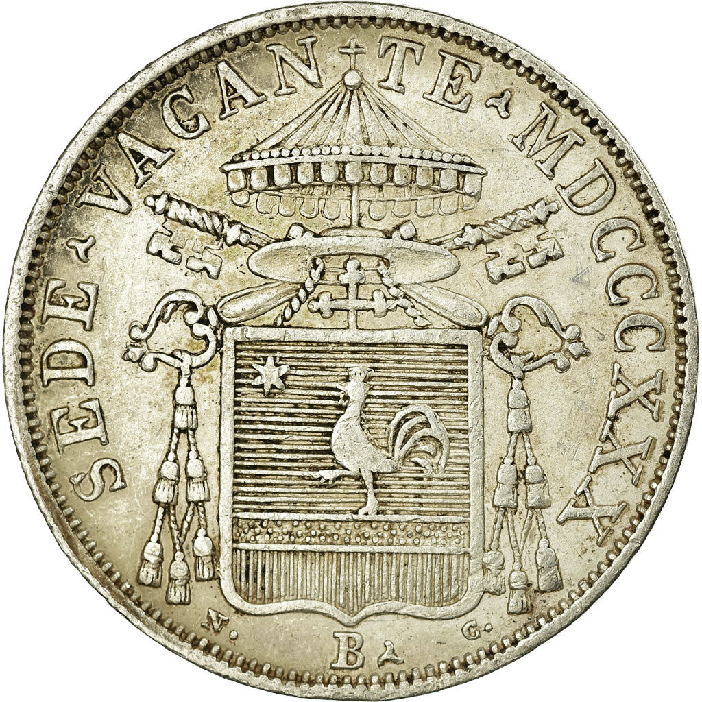 Moneda, Estados italianos, PAPAL STATES, 30 Baiocchi, 1830, Bologna, MBC, Plata