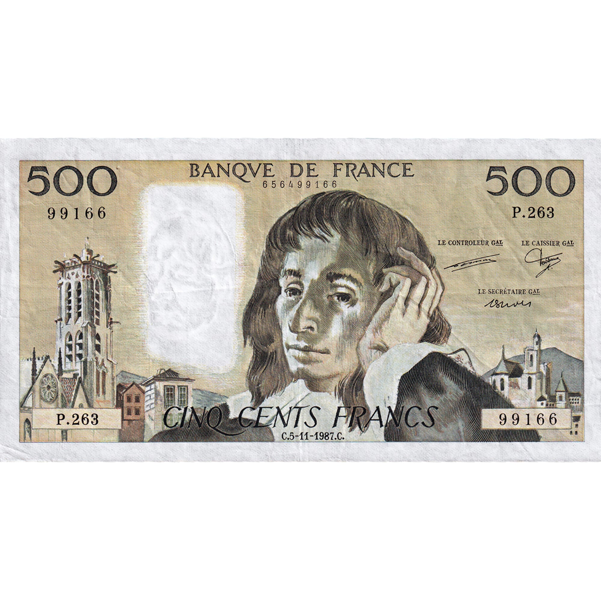 France, 500 Francs, Pascal, 1987, P.263, EF(40-45), Fayette:71.37