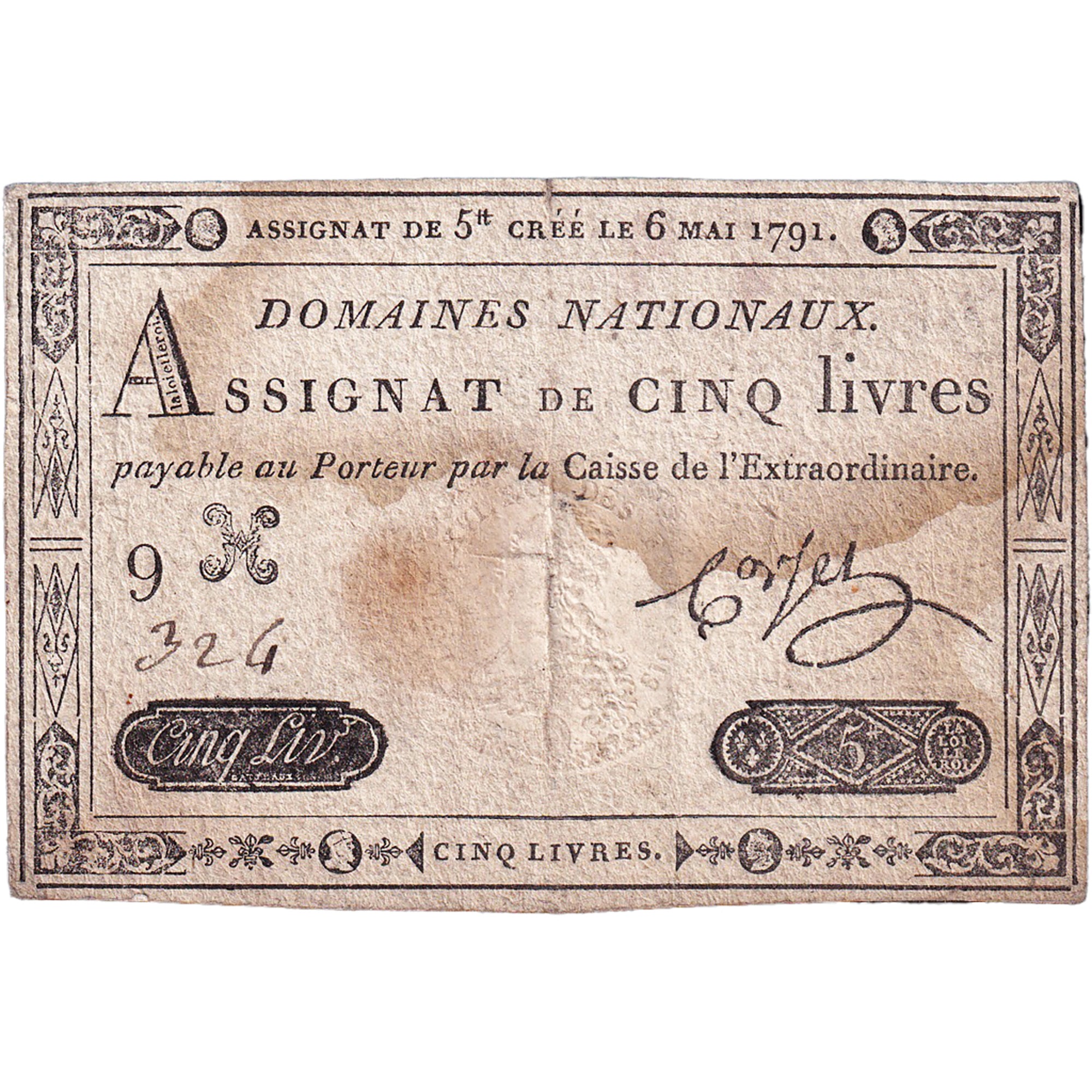 France, 5 Livres, 1791, SERIE 9 N° 324, VF(30-35), KM:A42, Lafaurie:137