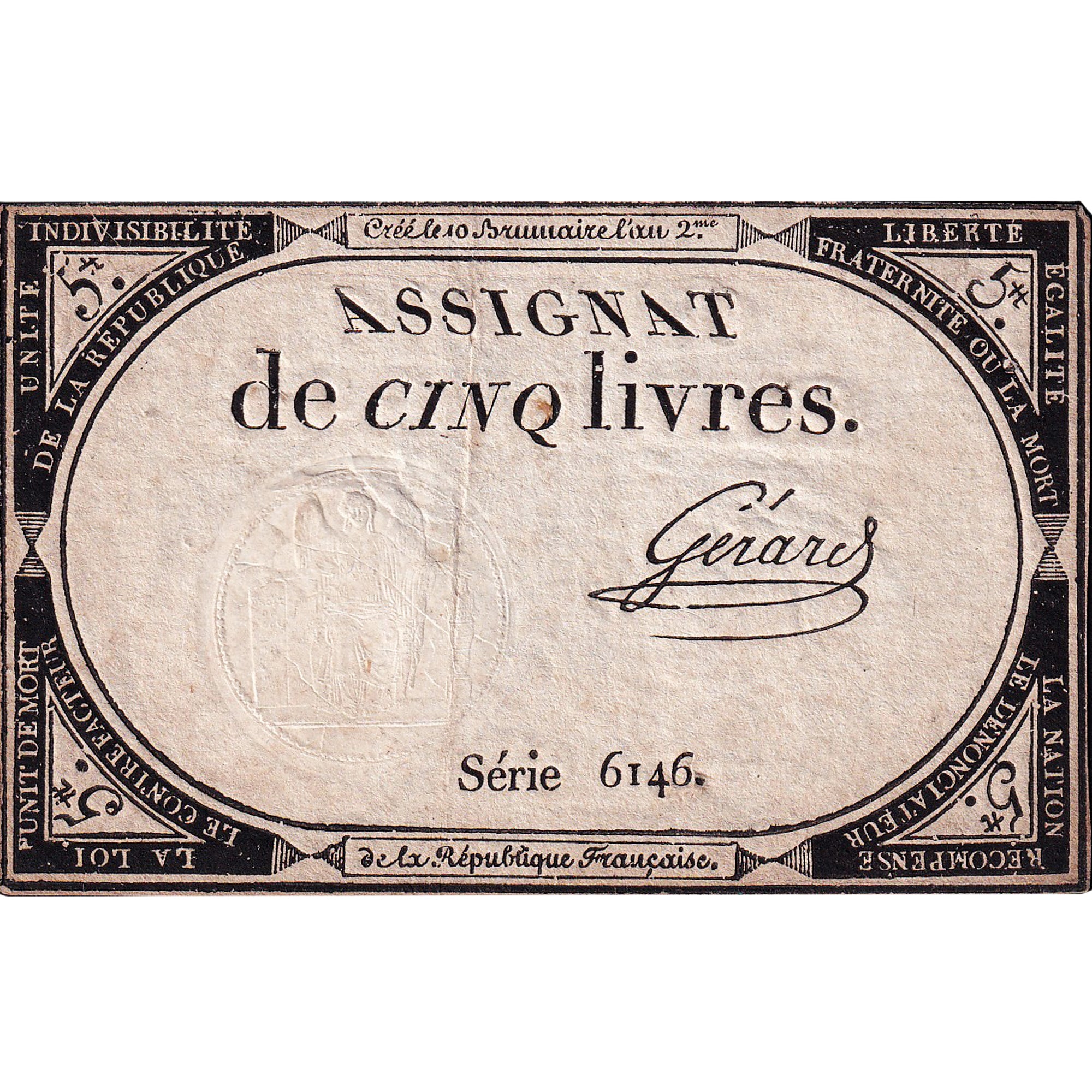 Francia, 5 Livres, An 2, SERIE 6146, MB+, KM:A76, Lafaurie:171