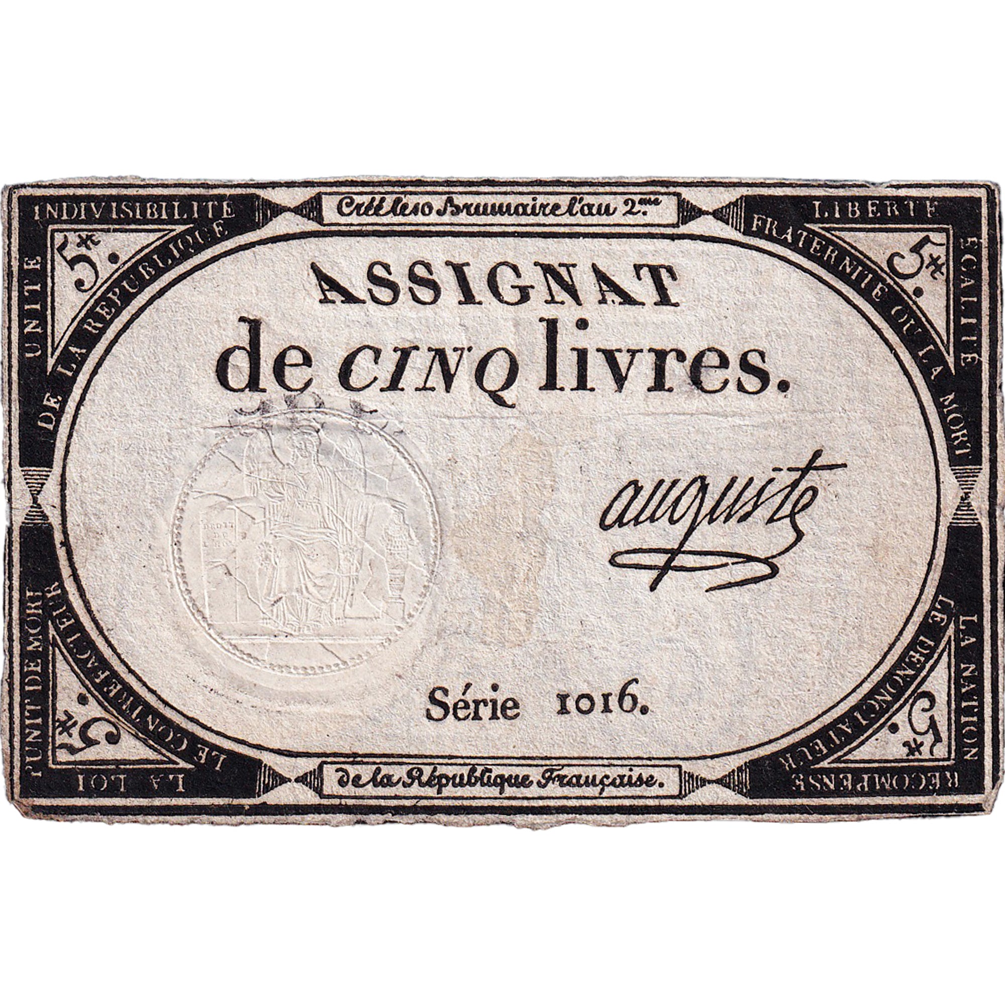 France, 5 Livres, An 2, SERIE 1016, EF(40-45), KM:A76, Lafaurie:171